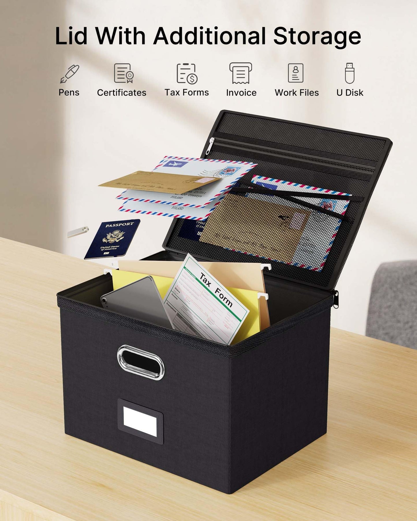 Oterri Zipper File Boxes with Lids, Legal/Letter Size Document Organizer with Mesh Pockets, Filing Box with Handle, Zippers Document Storage Box for Office/Home/School (2 Pcs, Large-Black)