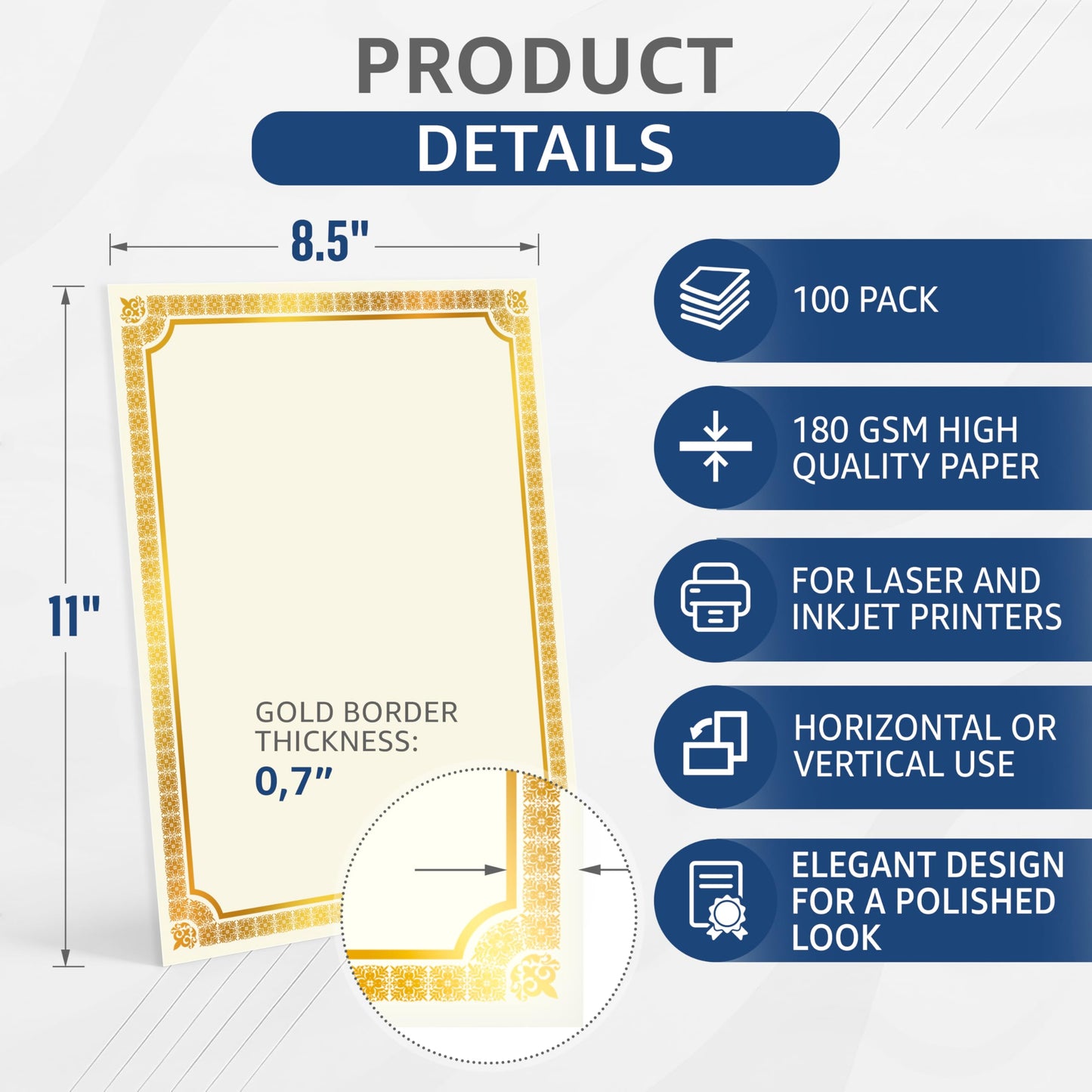 100 Certificate Paper 8.5 x 11 for Printing - Blank Certificate Papers for Award Certificates & Diploma Paper - Premium Gold Foil Award Papers Cardstock for Awards & Certificates Graduation