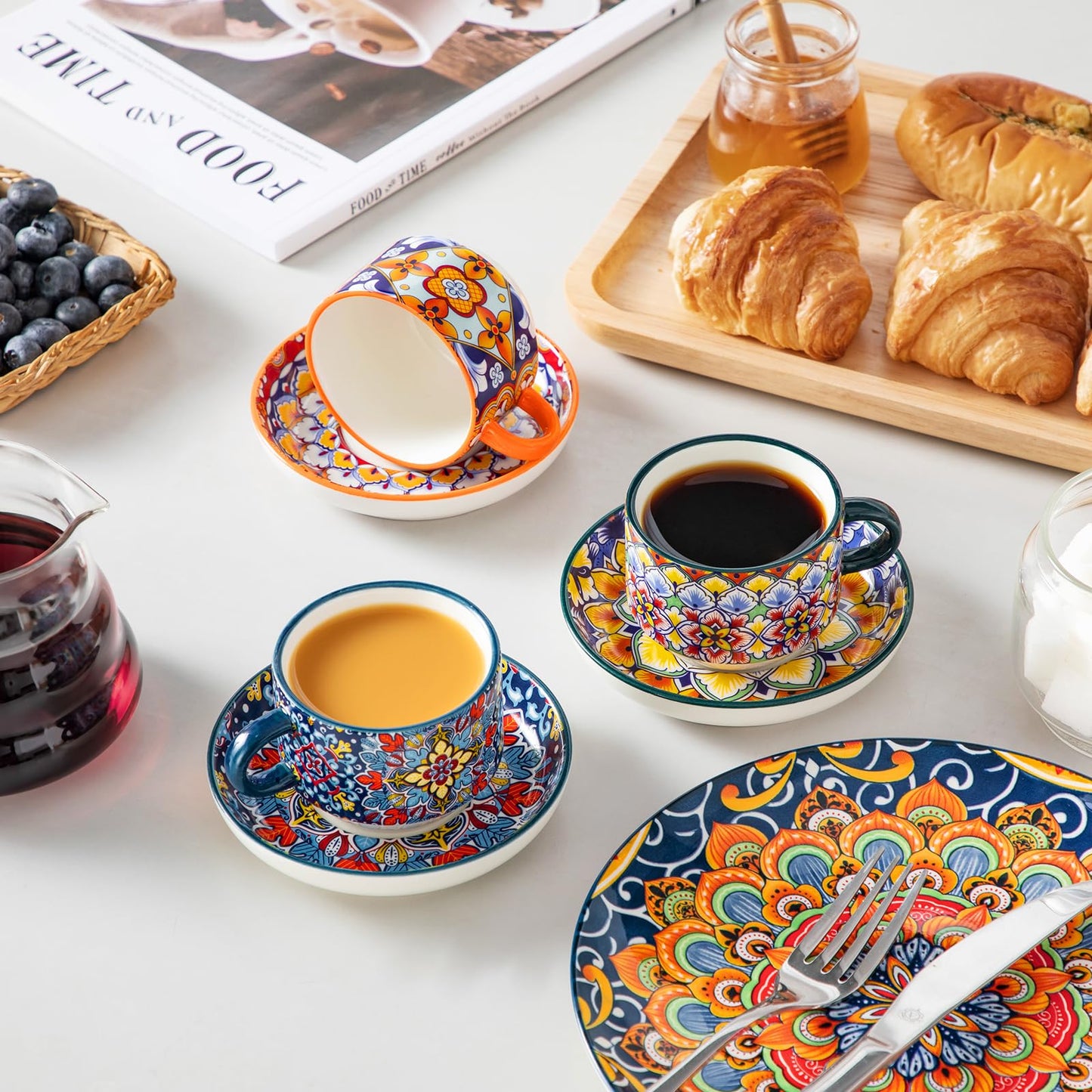 vancasso 4 Oz Stackable Espresso Cups with Saucers and Metal Stand Set of 4,Bohemian Ceramic Cappuccino Cups - Microwave and Dishwasher Safe, Perfect for Tea, Espresso, Latte, Cafe-02