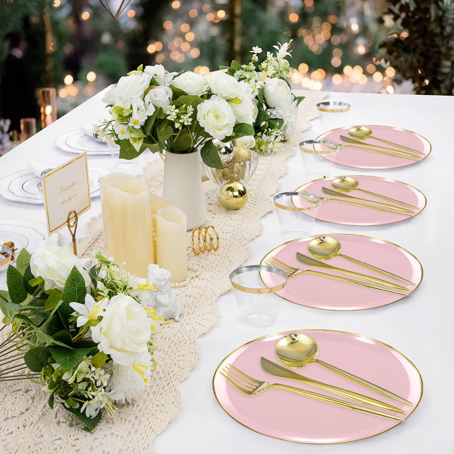 150Pcs Plastic Disposable Plates Set, Plastic Dinnerware Disposable Party Plates Set with Gold Rim for 30 Guests, Include: 30Pcs Dinner Plates, 30Pcs Dessert Plates, 90Pcs Gold Cutlery(Pink)