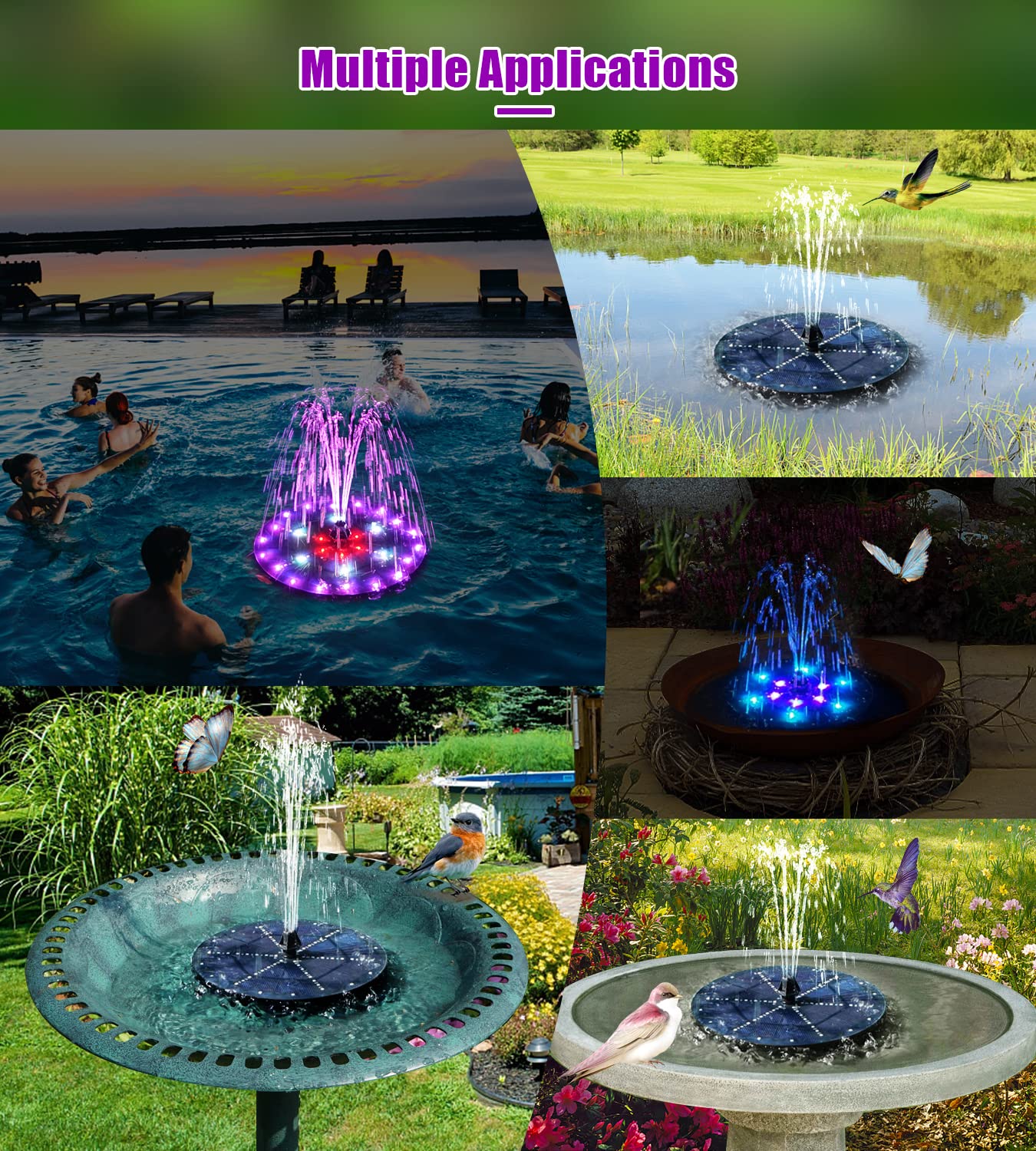 SZMP Solar Fountain 4W Bird Bath Fountains Upgraded 60LED Colorful Lights, Solar Powered Fountain Pump with 4000 Battery, Solar Water Fountain with 7 Nozzle & 4 Fixer for Garden, Bird Bath, Pool, Pond
