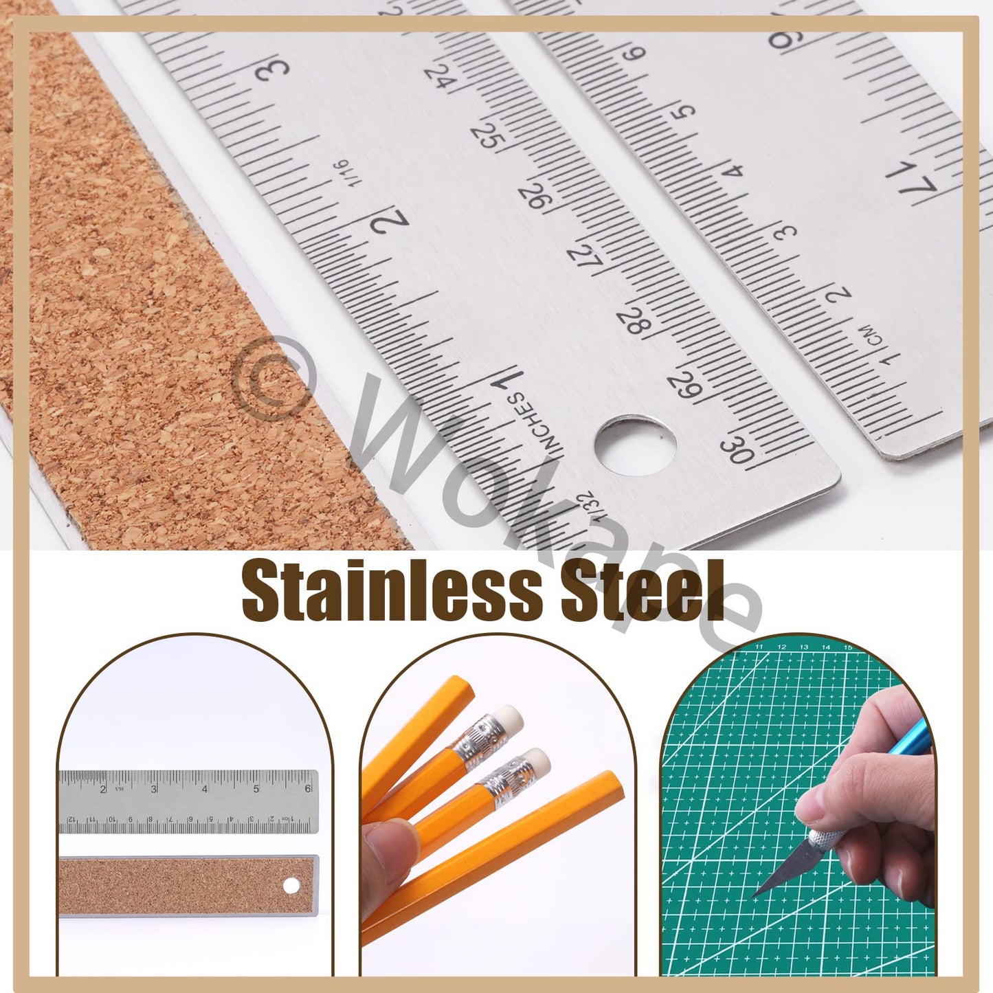 Wokape 10Pcs Stainless Steel Cork Back Rulers Accessories Kit, Including 6" 12" 18" Straight Edge Cork Base Rulers, Craft Knife Precision Hobby Knife Kit, HB Pencils with Erasers for Drafting