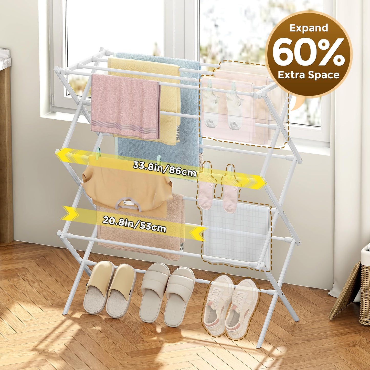 KINGBOARD Clothes Drying Rack, 3-Tier Laundry Drying Rack, Expandable Clothing Drying Rack for Indoor Air Drying Clothing, Clothing Dryer Towel Rack, White