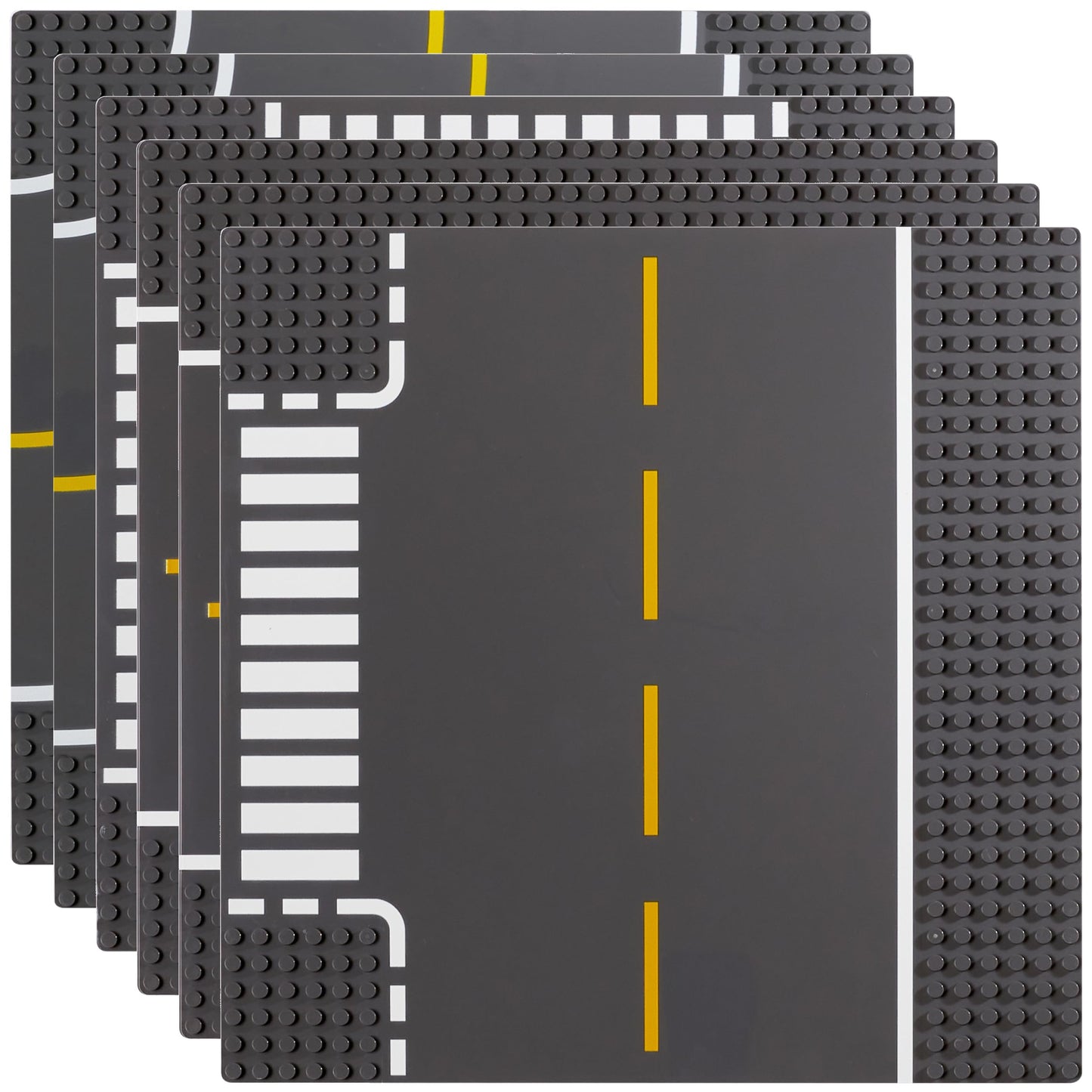 Apostrophe Games Road Baseplate – Premium Building Blocks Base Plates Compatible with All Major Brands – 6pcs Baseplate Gray with Road Design – Straight, Curve, Crossroad, T-Junction Gray Base Plates