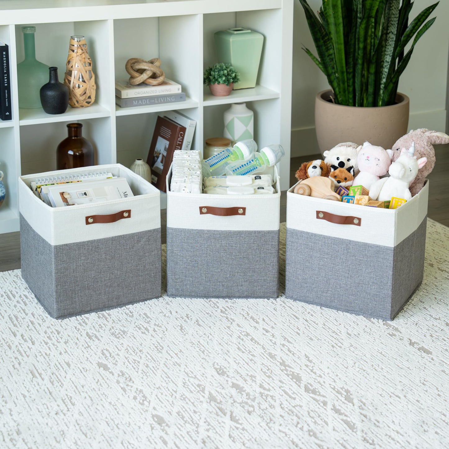OrganiHaus 33x33cm 4 Pack Cube Storage Bin, Fabric Storage Bins, Cube Storage Organizer Bins, Kallax Organizer Storage Basket, Closet Storage Bins, Panier de Rangement, Bac de Rangement Gray/White