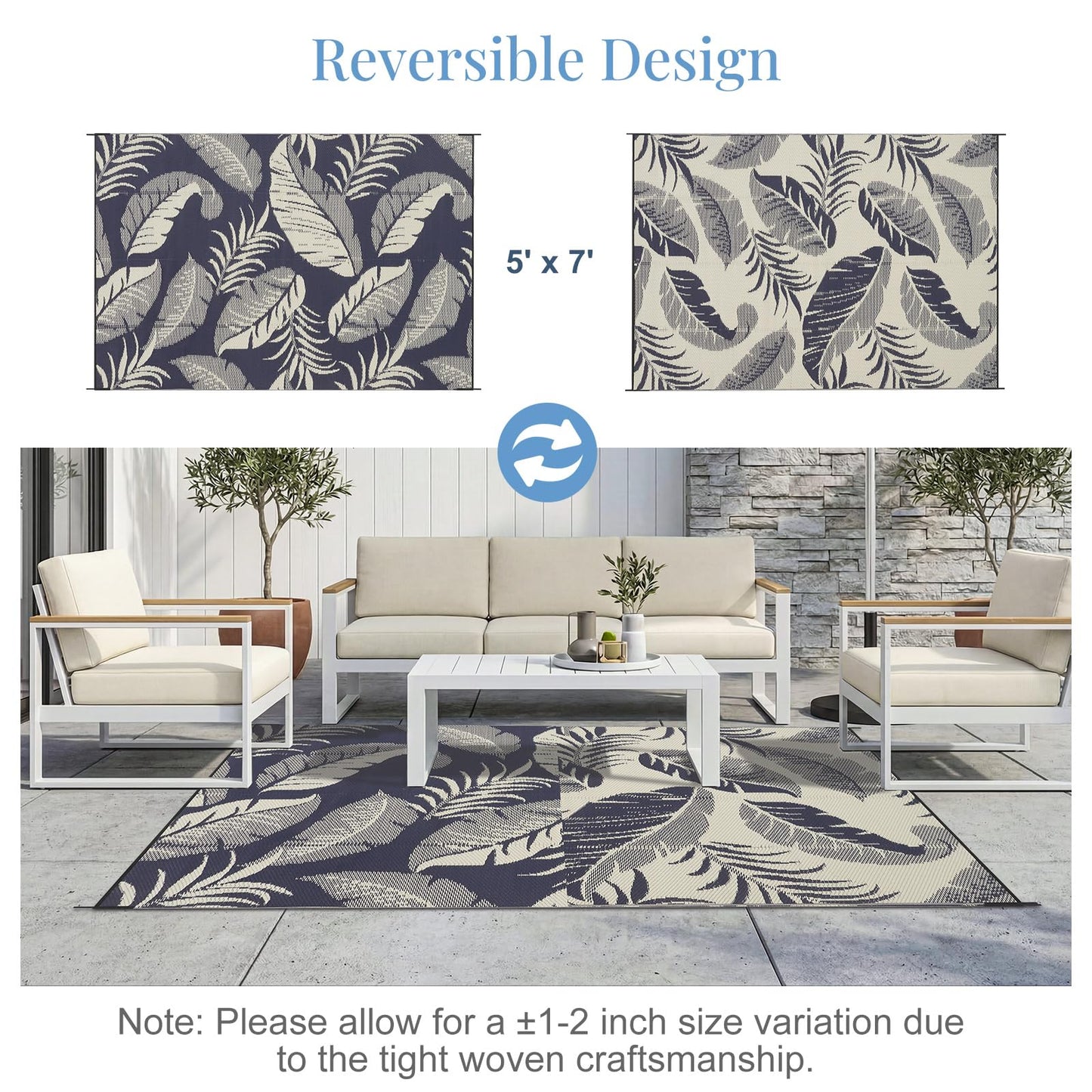 OPPODREAM Reversible Outdoor Rug 5x7, Waterproof Outdoor Plastic Straw Rug for Patio, Tropical Leaf Spring Camping Rugs for Outside, Deck, Backyard, Camping, Balcony, Porch, Rv, Navy and Beige