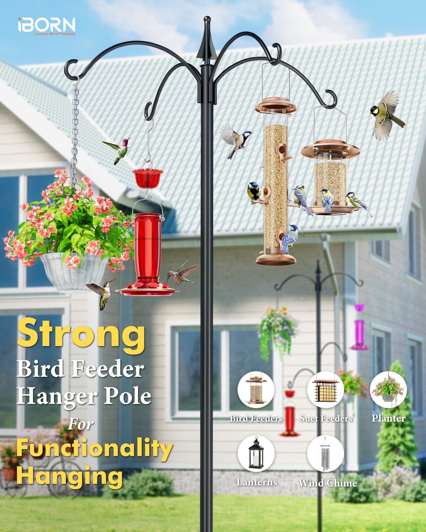 iBorn 1“ Thickness Shepherds Hooks for Outdoor Bird Feeder Pole 78" Height Wild Bird Feeder Stand Shepherds Hook for Hummingbird Feeder, 4 Top Hooks,5 Base Prongs (Feeders NOT Included)