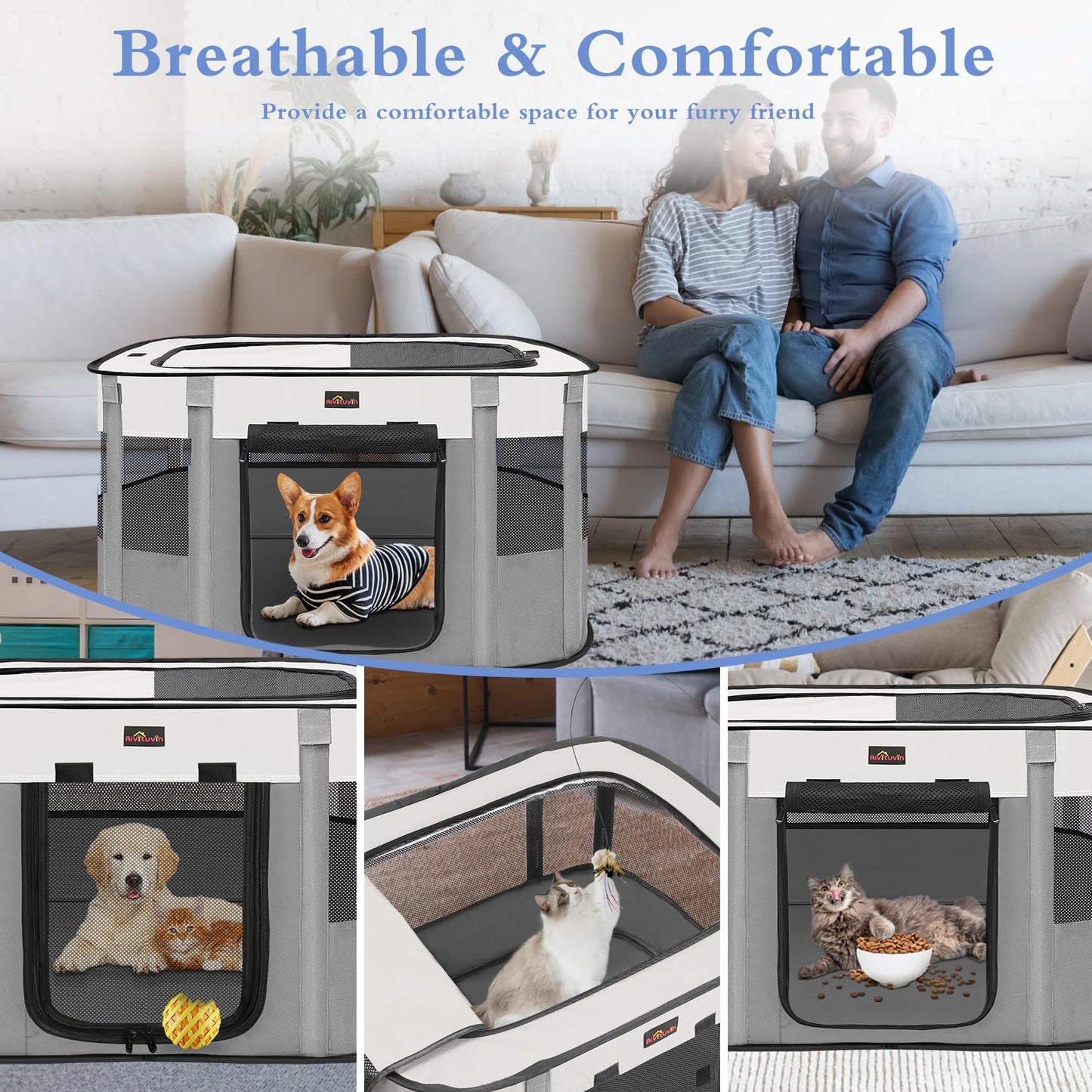 Dog Playpen, Pet Playpen, Foldable Kitten cage Puppy Play Pen, Portable Dog Kennel Tent Crate, Indoor Outdoor Travel Camping Use for Small Animals with Carrying Case (Grey M)