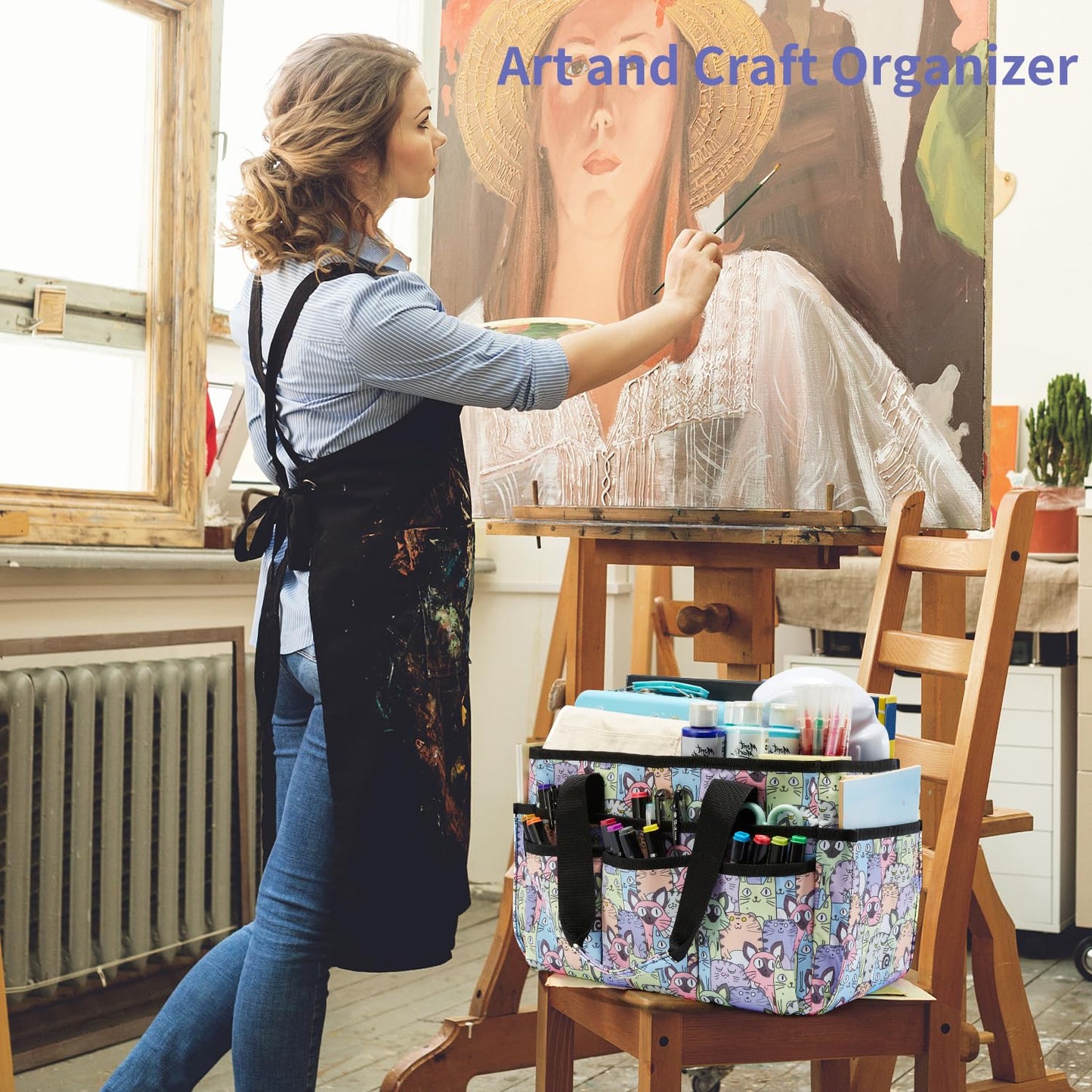 JOSIVIKY Craft Organizer Tote Bag, Art Caddy Bag with Multiple Pockets, Sewing Bags for Scrapbooking, School, Home and Office Supplies (Cat)