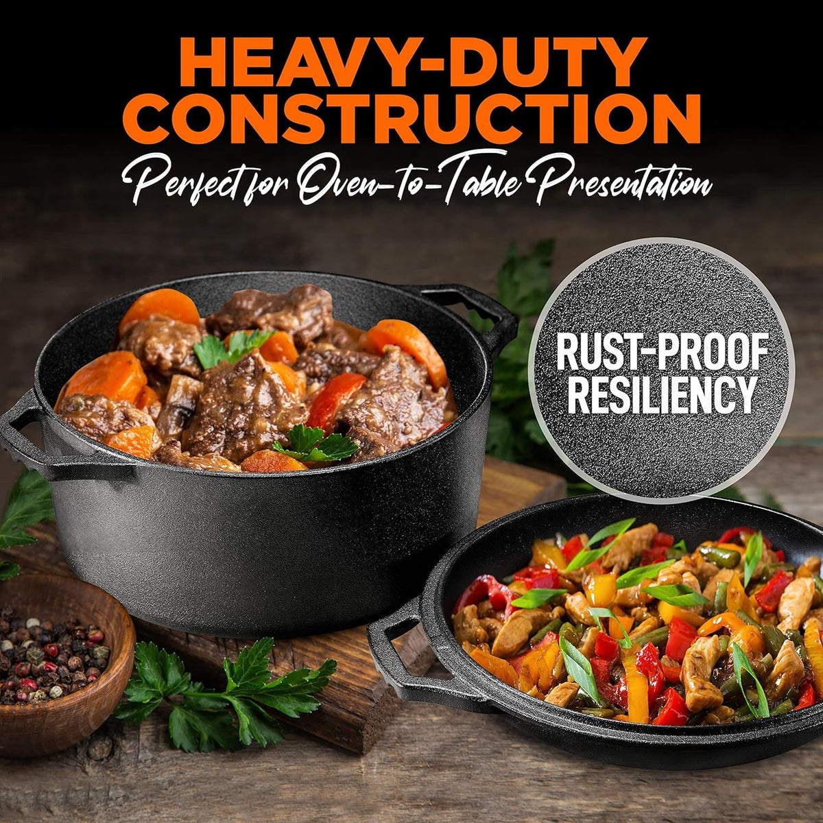 NutriChef Cast Iron Double Dutch Oven Multi Cooker, Pre-Seasoned 3.5 Qt Dutch Oven Pot with Lid Skillet, Heavy-Duty Nonstick Cookware for Baking, Roasting & Braising, Black