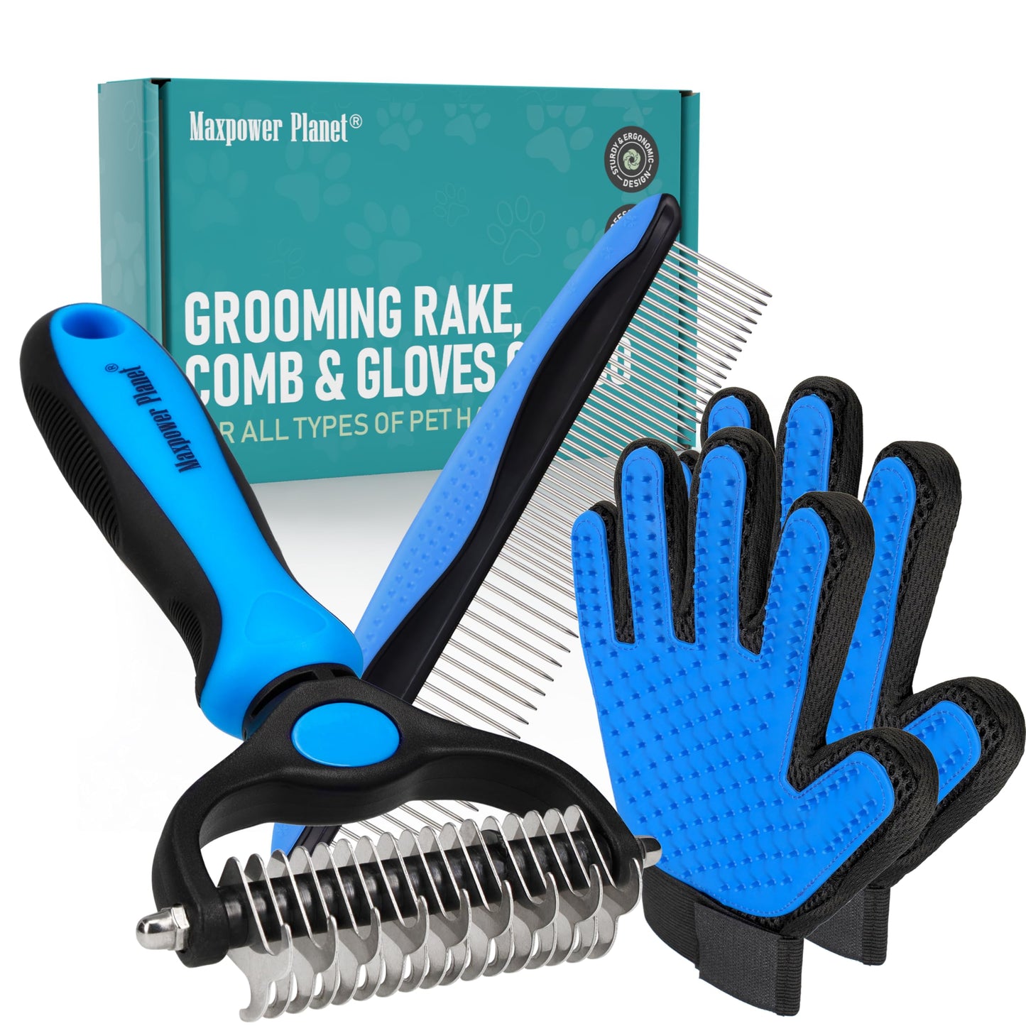 Maxpower Planet Pet Grooming Brush - Dog Grooming tools Bundle (Rake and Gloves and Comb)