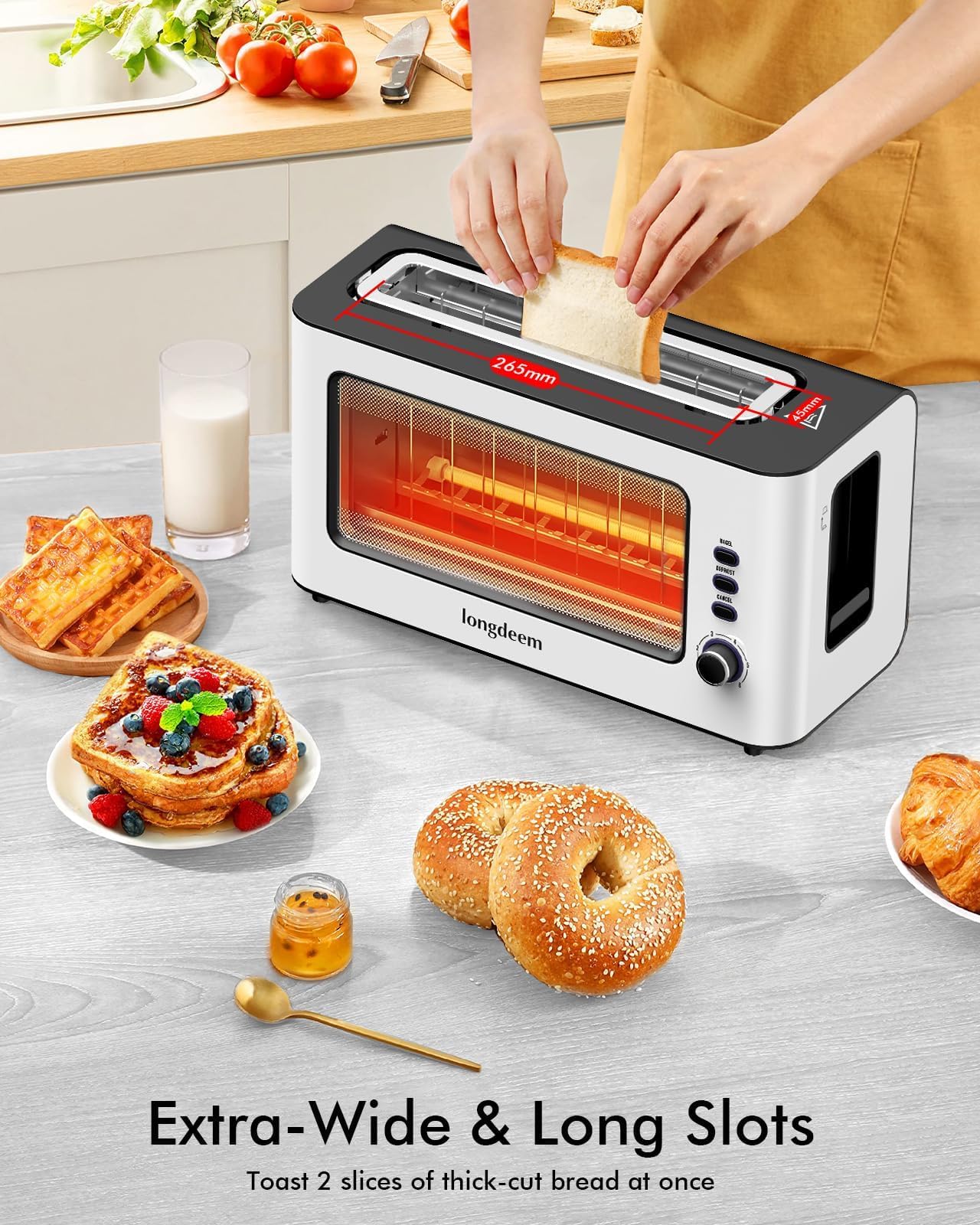 LONGDEEM Toaster 2 Slice, Bagel-Ready with Extra Wide Slots, Easy to Clean, See Through Window, Includes Defrost, Reheat & Auto Shutoff for All Baked Goods, White