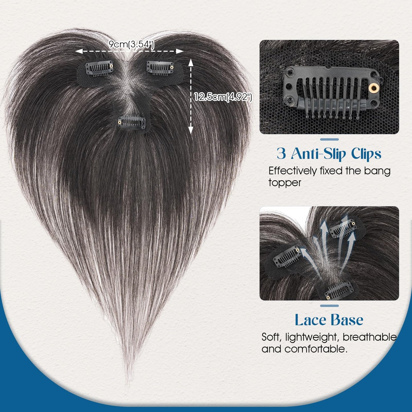 S-noilite Clip in Air Bangs Hair Topper Human Hair Bangs Clip for Women, T-part Lace Base Real Hair Topper Hair Piece for Daily Wear(Air Bangs,Natural Black)