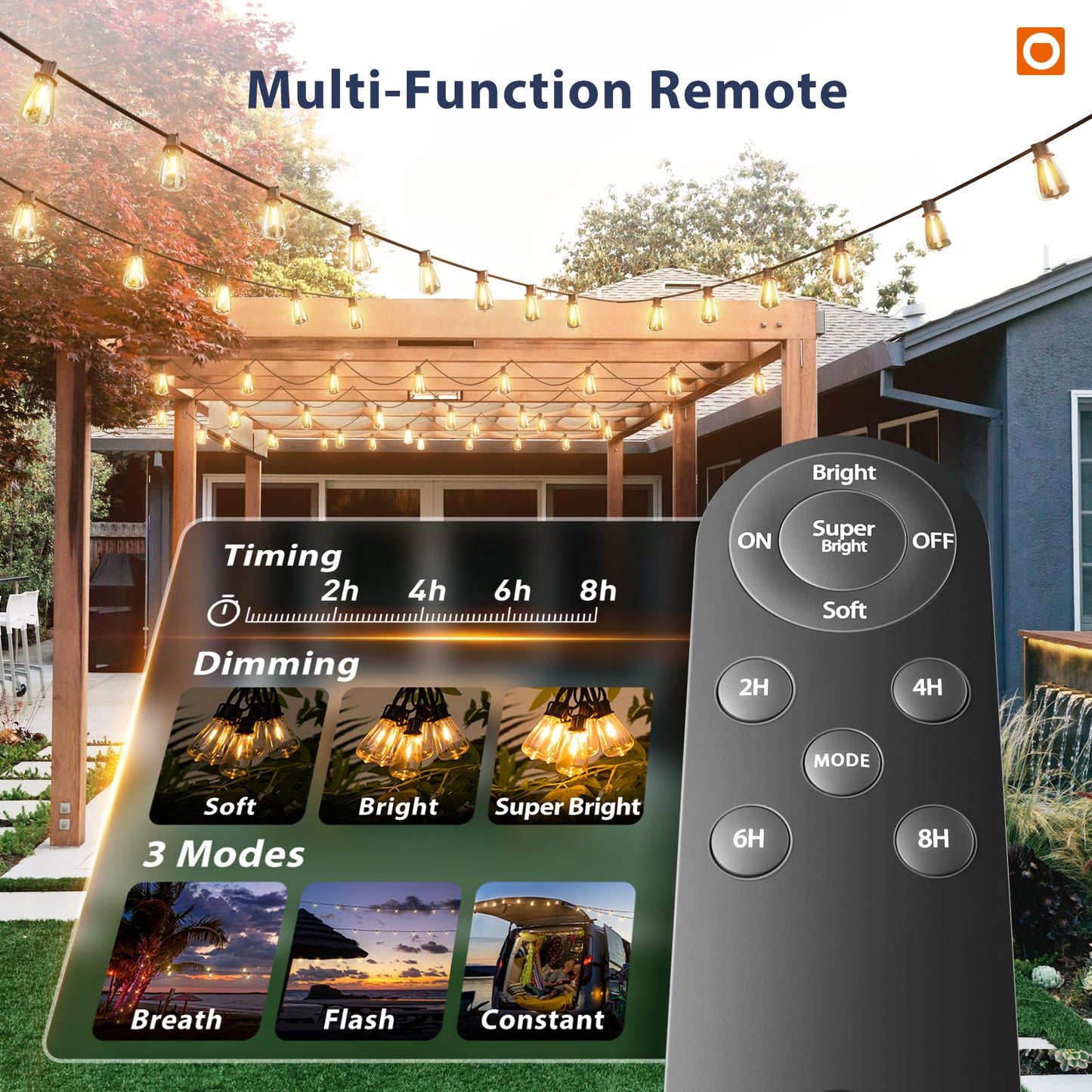 addlon 102FT(96+6) Solar String Lights Outdoor with Remote, Waterproof Patio Lights with 30+2 Shatterproof LED Bulbs, Dimmable & Timable Long-Lasting Solar Lights for Backyard Camping Garden Decor