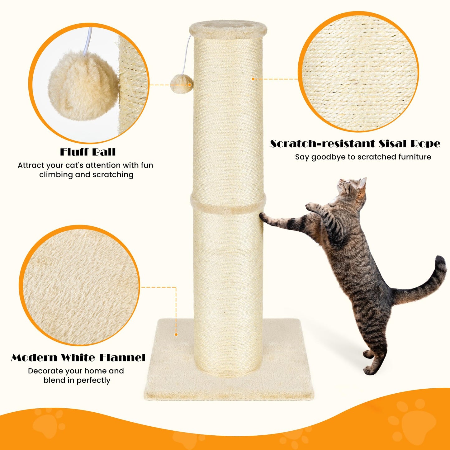 PAWSCRAT Cat Scratching Post 32 Inch High, 5.5 Inch Large Diameter Natural Sisal Cat Scratch Post, Scratch-Resistant and Durable Tall Cat Scratcher for Indoor Cats