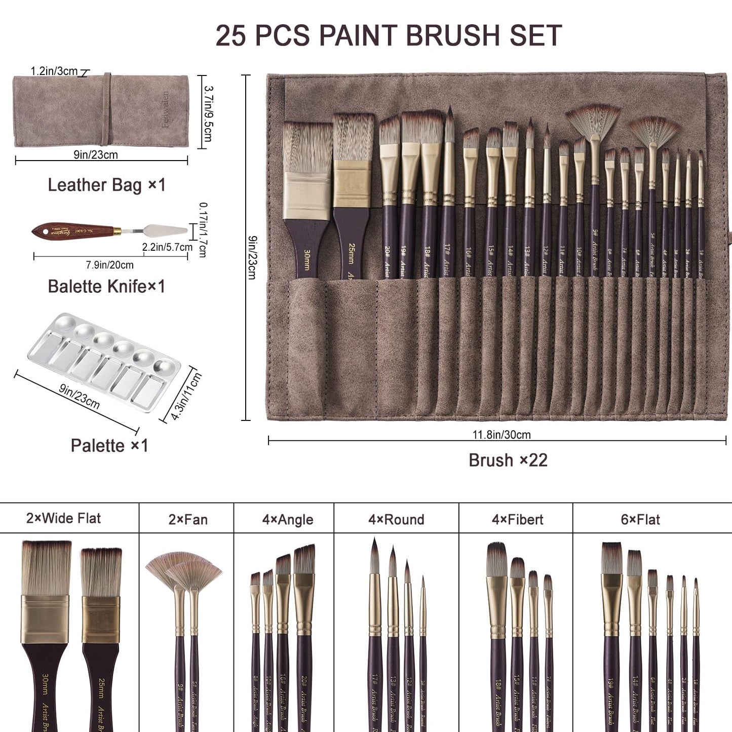 Fedwalen 25pcs Artist Paint Brushes Set, with Palette Knife & Palette & Storage Bag, Premium Nylon Synthetic Paint Brush for Acrylic Painting, Watercolor, Oil, Gouache, Suitable for Artists & Beginner