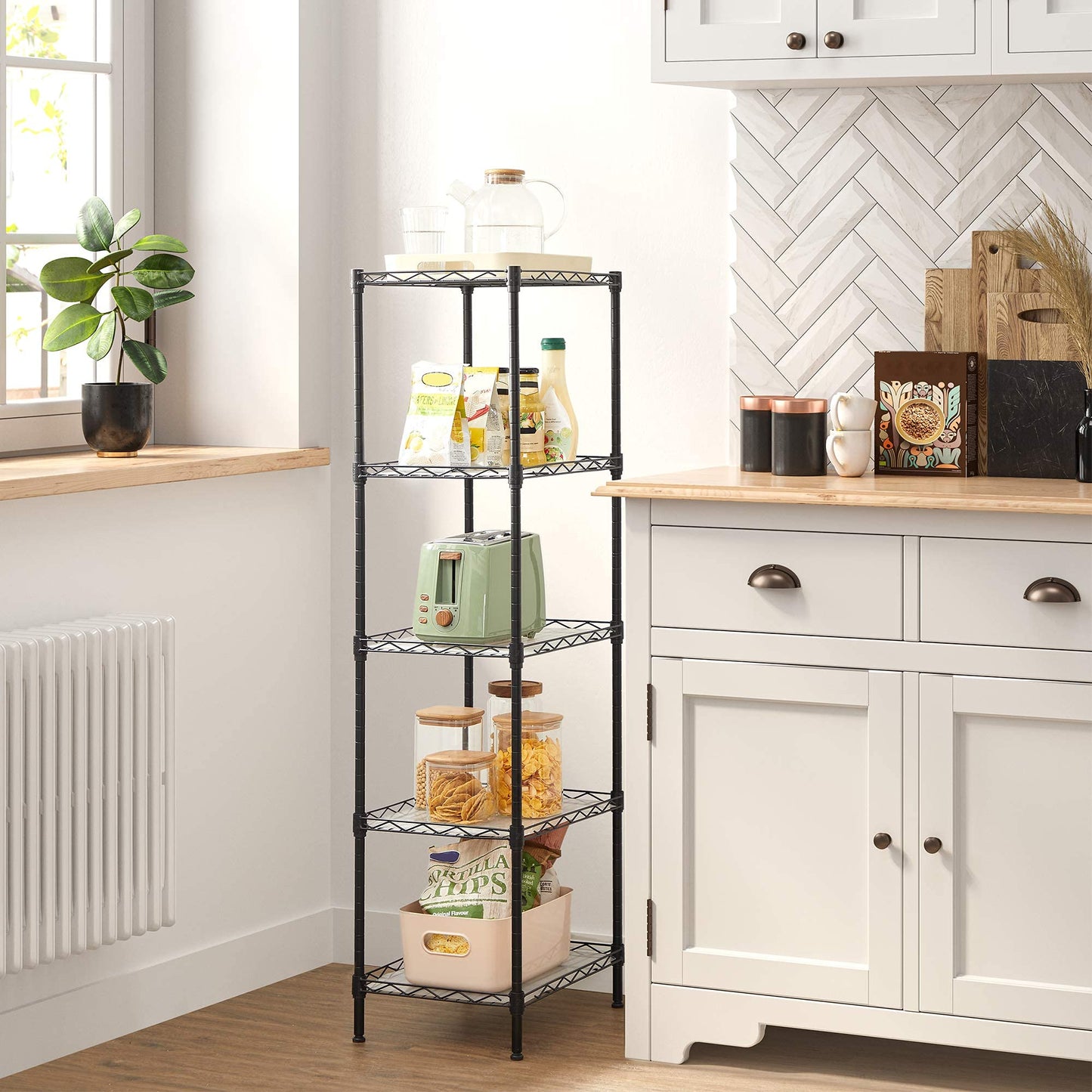 SONGMICS 5-Tier Metal Storage Shelves, Kitchen Wire Shelving Unit, Storage Rack with Adjustable Shelves, Shelf Liners, 8 Hooks, for Garage, 30 x 40 x 121 cm, Black ULGR115B01