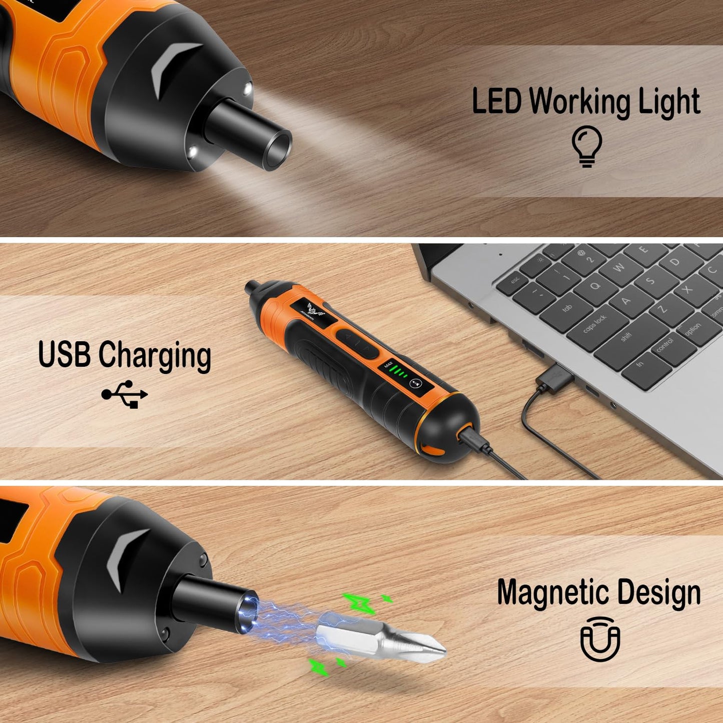 JENABOM 105 in 1 Electric Cordless Screwdriver,4-Gear Torque,LED Light,5N.m Max Adjustable Torque,3.6V Rechargeable Screwdriver for Daily & Light Industrial use (Orange)