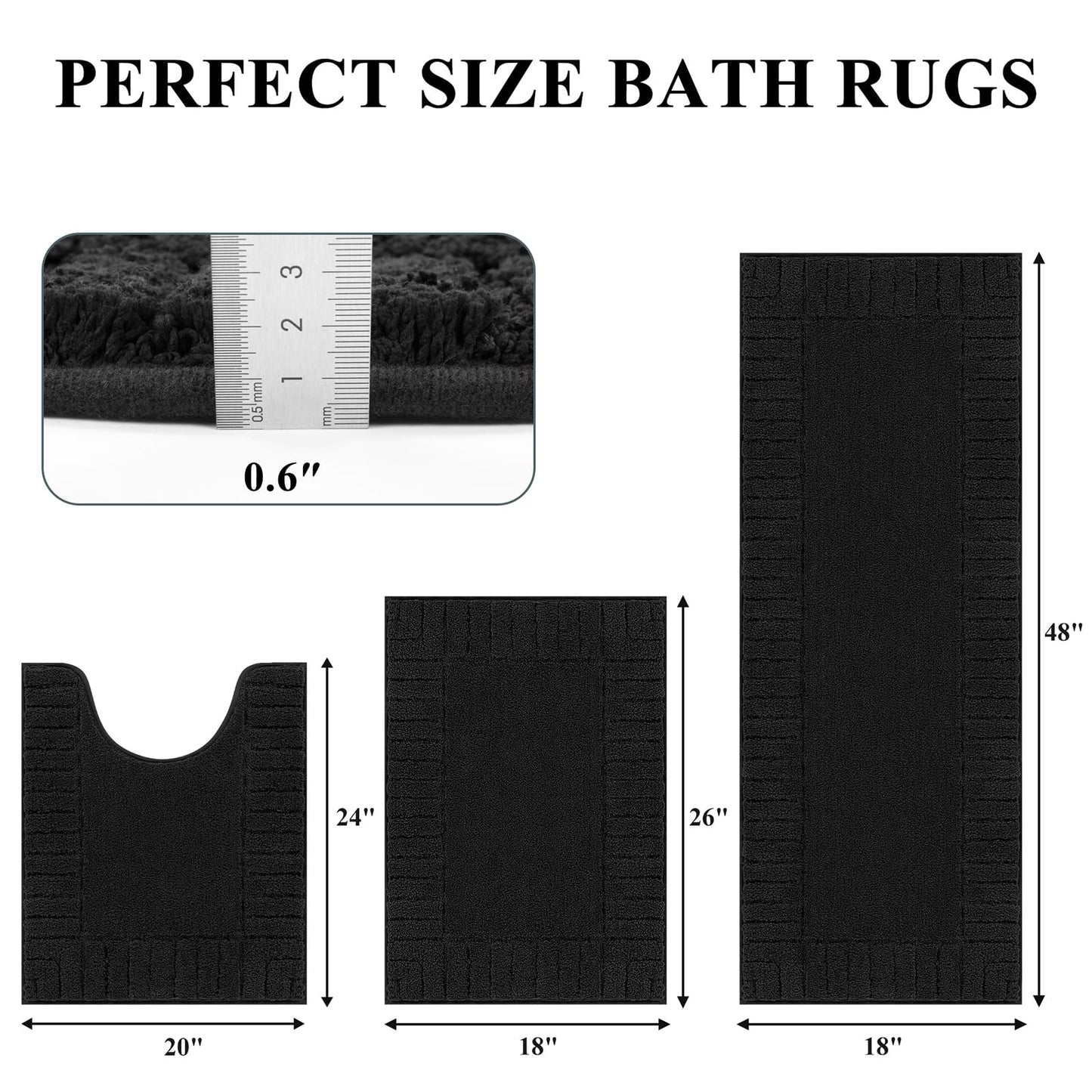 Pauwer Bath Mat for Bathroom Non Slip Bathroom Mat Sets 3 Piece Absorbent Bathroom Rug Plush Shaggy Bath Rugs Set with U-Shaped Contour Toilet Mat Machine Washable, Black