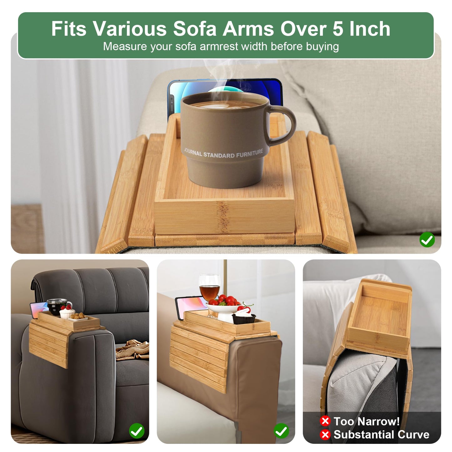 Joy&Grace Couch Arm Tray, 3-in-1 Magnetic Detachable Sofa Arm Table with Phone and Tablet Holder Bamboo Couch Cup Holder, Foldable Sofa Armrest Tray for Eating, Drinks, Phones (Natural)