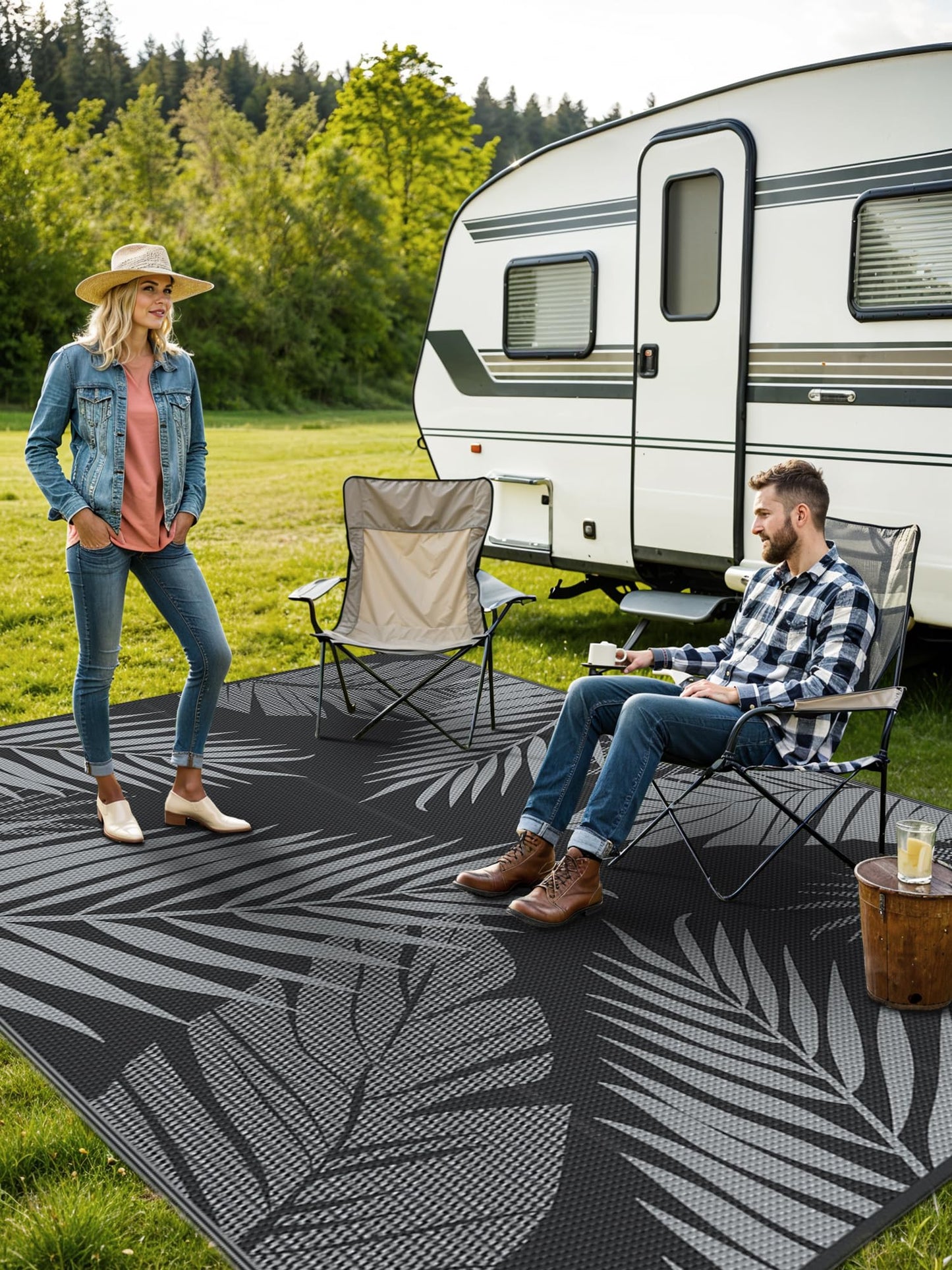 GENIMO Outdoor Rug Waterproof for Patios Clearance, Reversible Outdoor Plastic Straw Camping Rug Carpet, Large Area Rugs Mats for RV, Camper, Deck, Balcony, Porch, Backyard, Beach, Picnic. Leaf