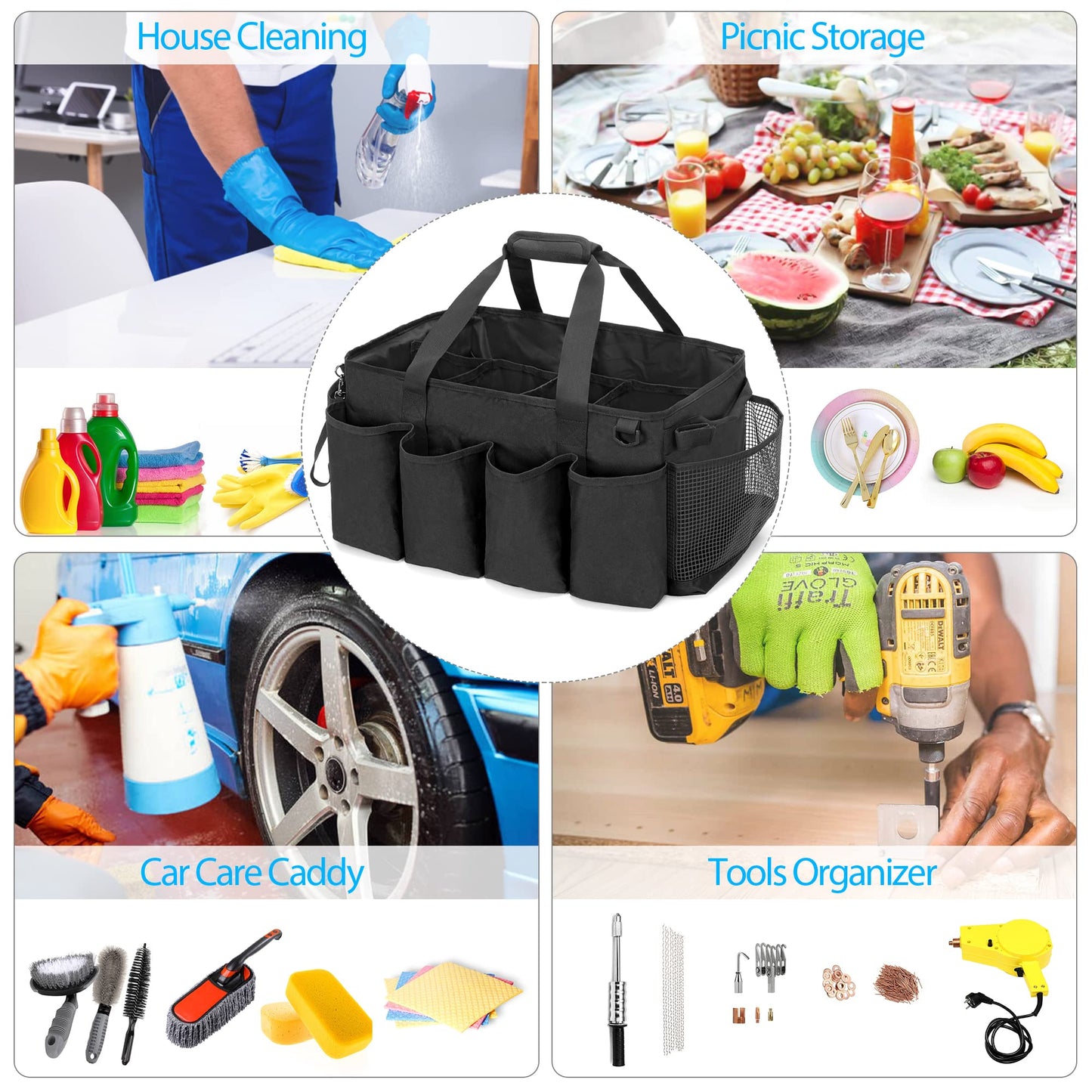HODRANT Extra-Large Cleaning Caddy, Organizer with Handles for Cleaning Tools & Products Storage, Large Capacity Tote Bag for Car, Home & Housekeeping Work, Black