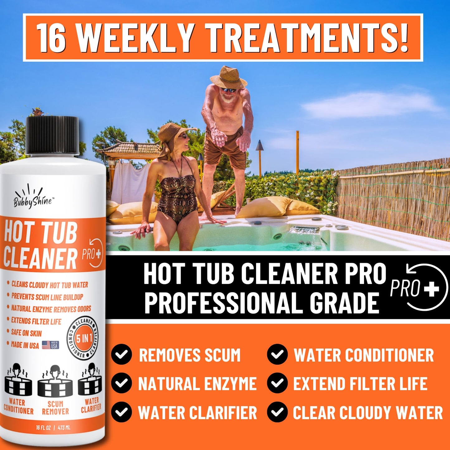 BubbyShine, 5in1 Weekly Hot Tub Cleaner - Spa Clarifier, Natural Enzyme, Conditioner, Scum Absorber, Inflatable Tub Chemicals Starter Kit, Spa Chemicals Cleaner (16 Weeks)