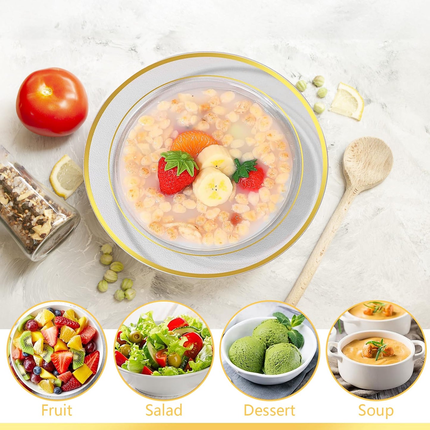100Pcs Disposable Serving Bowls for Party, 12 oz Plastic Soup Bowls Bulk Clear Dessert Bowl with Gold Rim for Catering Holidays Dinner Wedding Party Supplies