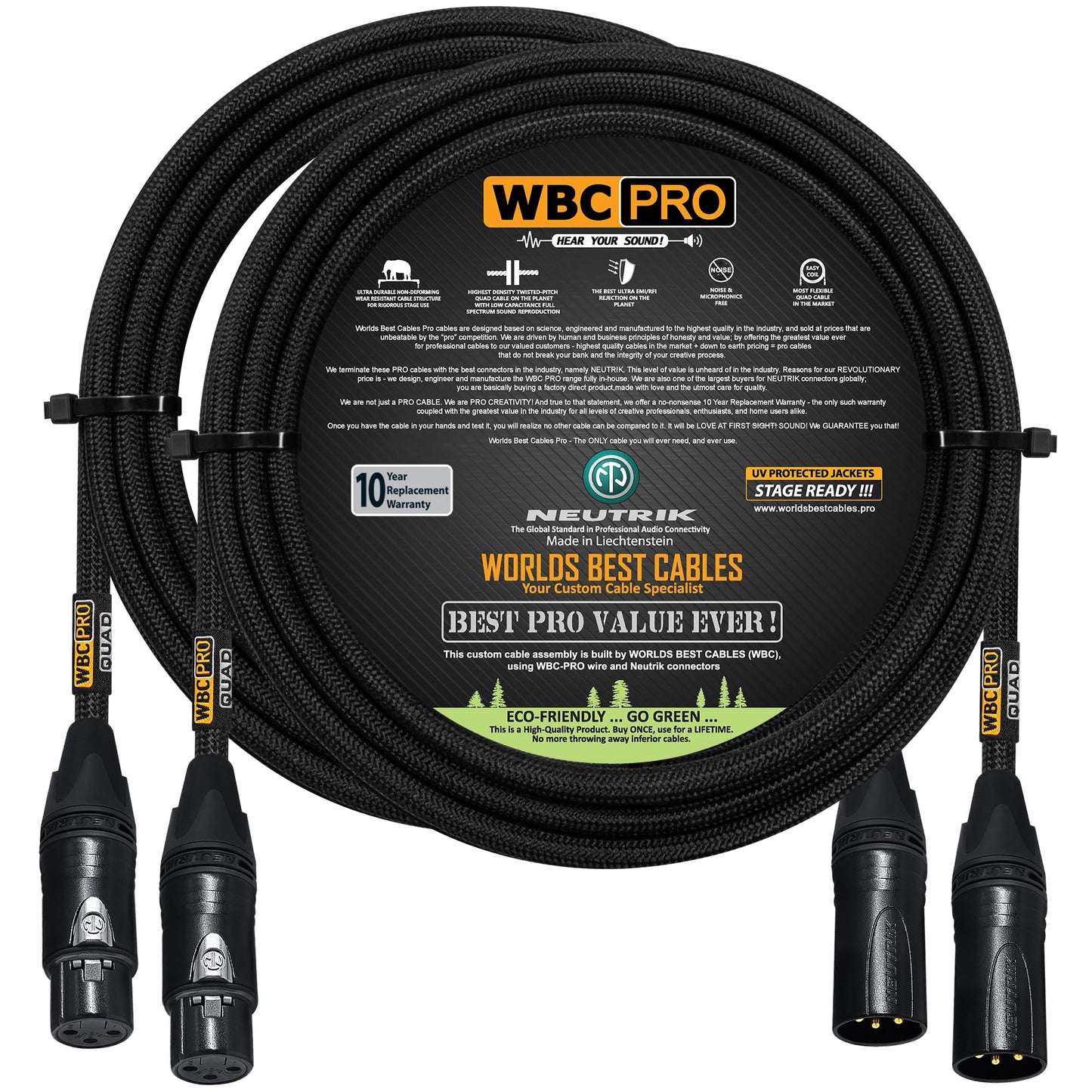 2 Units - 10 Foot - WBC-PRO-Quad Ultra-Silent Ultra-Flexible Balanced Star-Quad Microphone Cable with Neutrik Male & Female XLR Plugs & Black Tweed Jacket