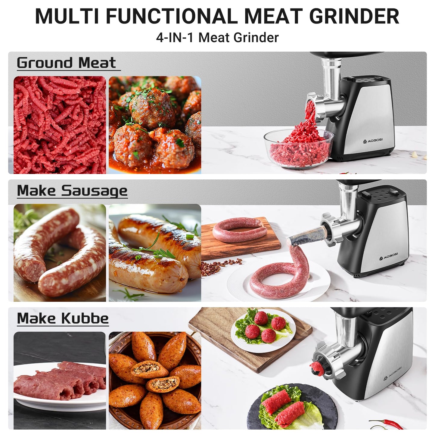 AAOBOSI Meat Grinder, 3-in-1 Meat Grinder Electric [2800W Max] with 2 Blades,4 Plates,Sausage Stuffer,Kubbe Kit, for Home Kitchen Use, Stainless Steel