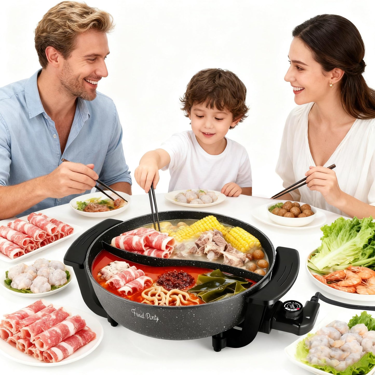Food Party Hot Pot Electric Hotpot with Divider Shabu Shabu Hot Pot Non-Stick 6-Quart Large Chinese Pot Korean