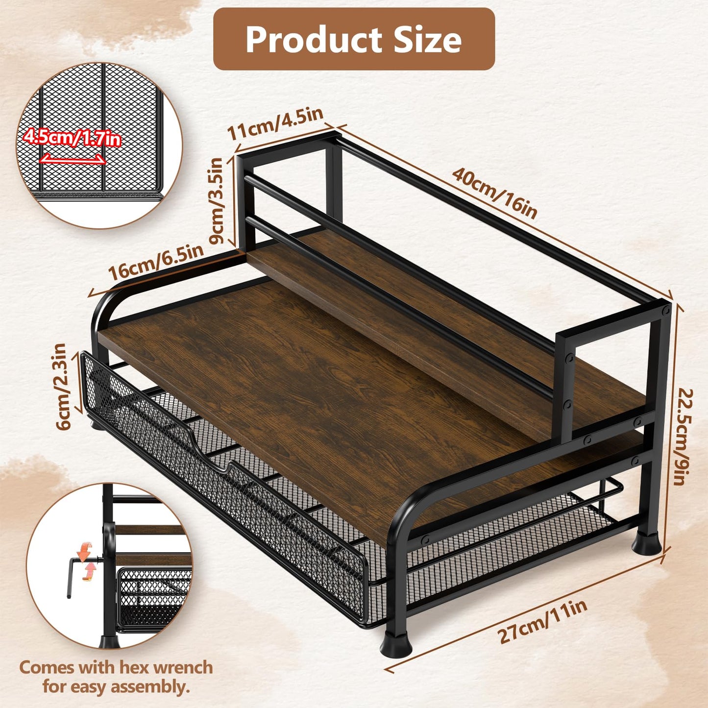 Coffee Syrup Rack Organizer, 3-Tier 8 Bottles Syrup Rack with 35 K Cup Storage Basket Coffee Bar, Countertop Bottle Holder Stand for Wine, Dressing for Kitchen Cafe Station