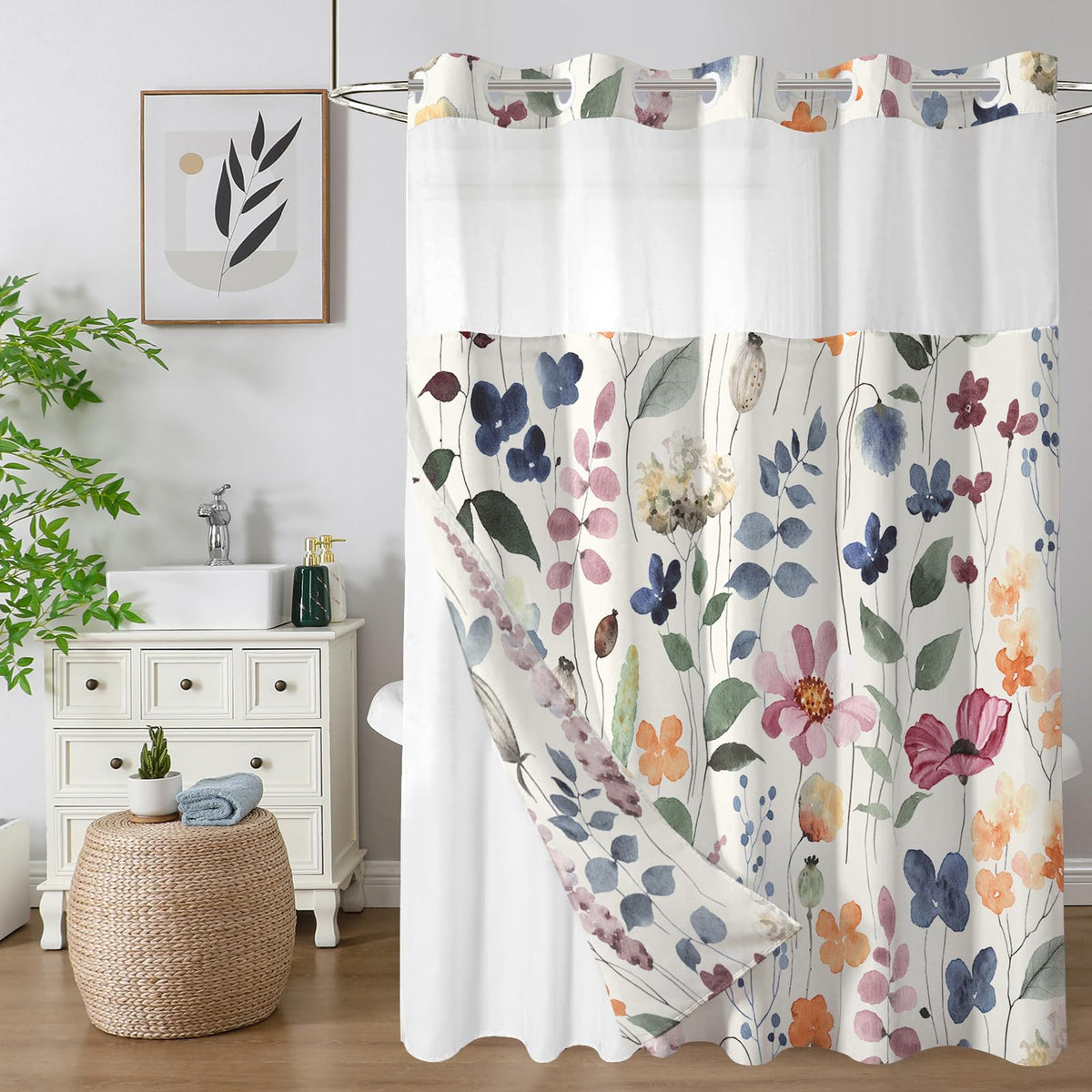 Shellspace No Hook 3 in 1 Shower Curtain with Snap in Liner, Colorful Flowers Shower Curtain Set with See Through Top Window, Machine Washable Waterproof Polyester Fabric Bath Curtain, 71 x 74 in