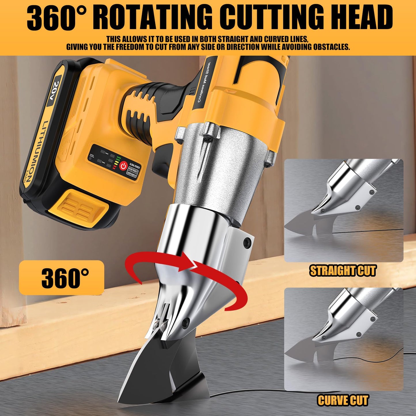 Cordless Sheet Metal Cutter Brushless for De-Walt 20v Max Battery(Tool Only), Metal Shears 360 Degree Pivoting Head, Electric Metal Scissors for for Cutting Stainless Sheet, Metal, Iron, 221 Ft-Lbs