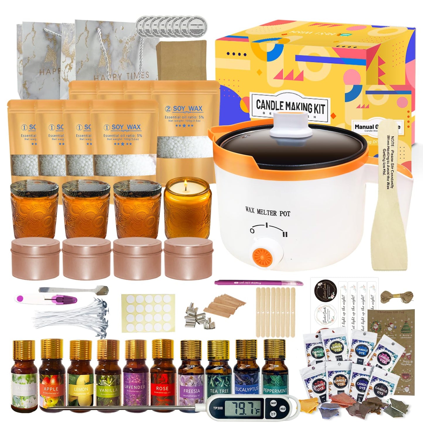 DIY Complete Candle Making Kit for Adult Beginners, All-In-One Candle Maker Set Soy Wax, Wax Melter Pot, Jar & Tins