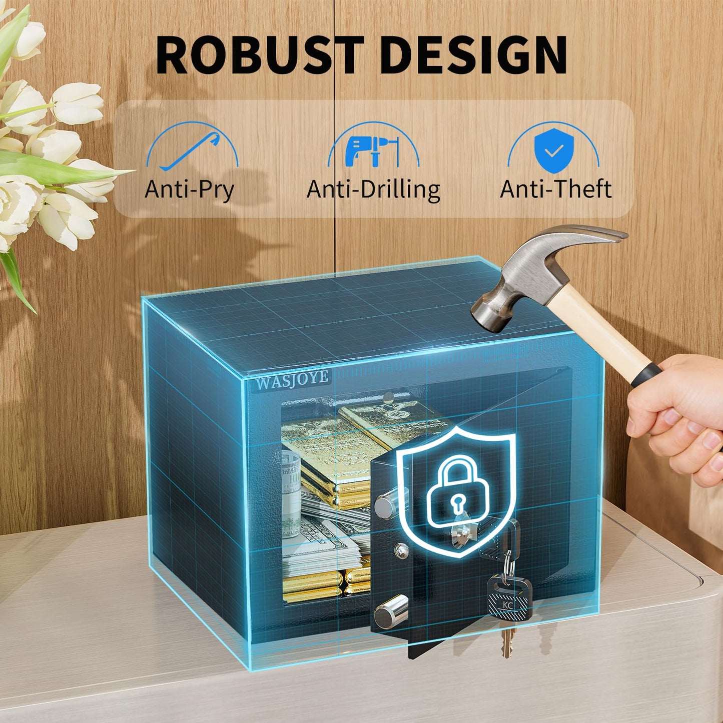 WASJOYE Home Cabinet Safe Box, Key Lock Coffre Fort High Security Safety Box, 0.5 Cubic Feet Steel Safes for Home/Office/Hotel, Cabinet Safe Box for Money Cash Jewelry Medicine Passport