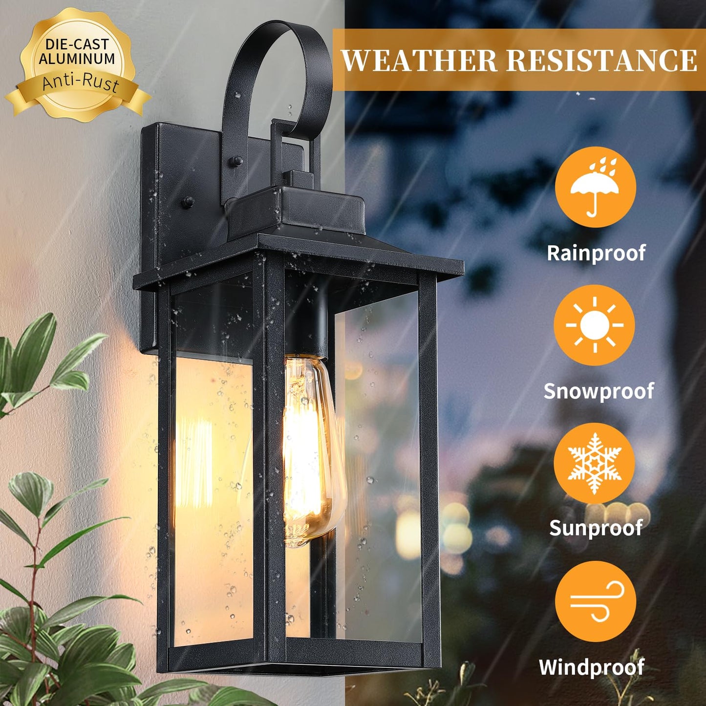 Large Outdoor Wall Light Fixture Exterior 1Pack, 16.5" Waterproof Front Porch Light Outdoor Wall Sconce with Tempered Glass, Anti-Rust E26 Modern Black Outside Lighting for House Patio Garage, 1Pack