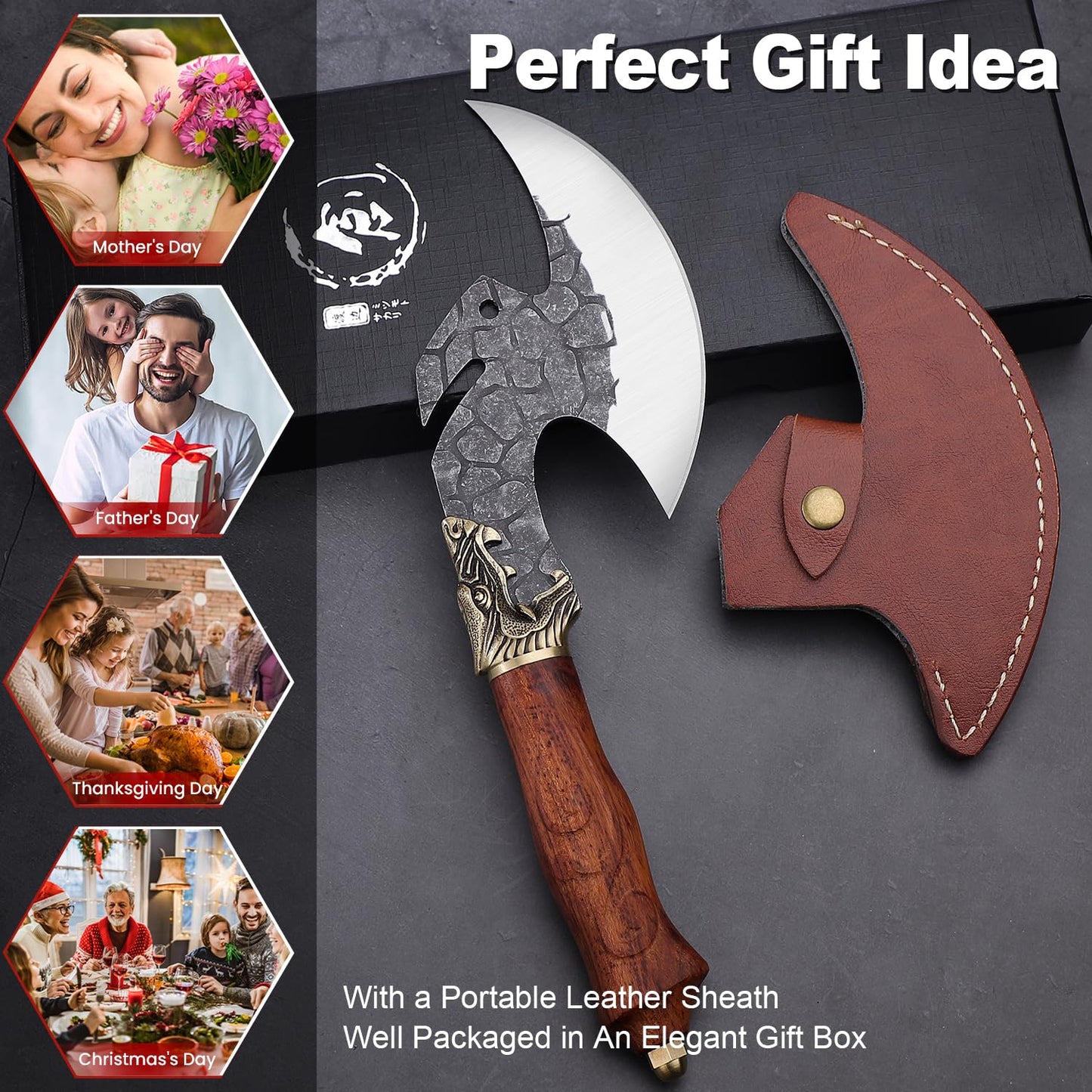 Dream Reach Viking Cleaver Knife Butcher Meat Cutting Boning Knife High Carbon Steel Kitchen Axe with Sheath Home Outdoor BBQ Camping Birthday Christmas Gift Men