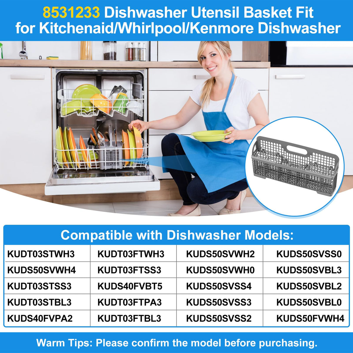 UPGRADED 8531233 WP8562043 Dishwasher Silverware Basket Replacement, Fits For Kitchenaid Kenmore Whirlpool Dishwasher Utensil Basket Parts KDFE104HPS0 KDTE334GPS0 Universal Dishwasher Cutlery Basket