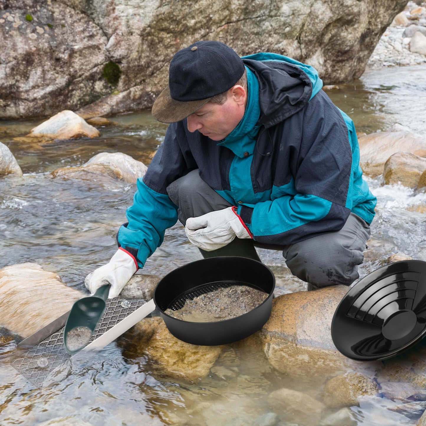 16Pcs Gold Panning Kit Mini Sluice Box Aluminum Alloy Gold Mining Equipment, Gold Mining Kit Includes Gold Pan, Classifier Screen, Separating Magnet, Drawstring Bag, Accessories