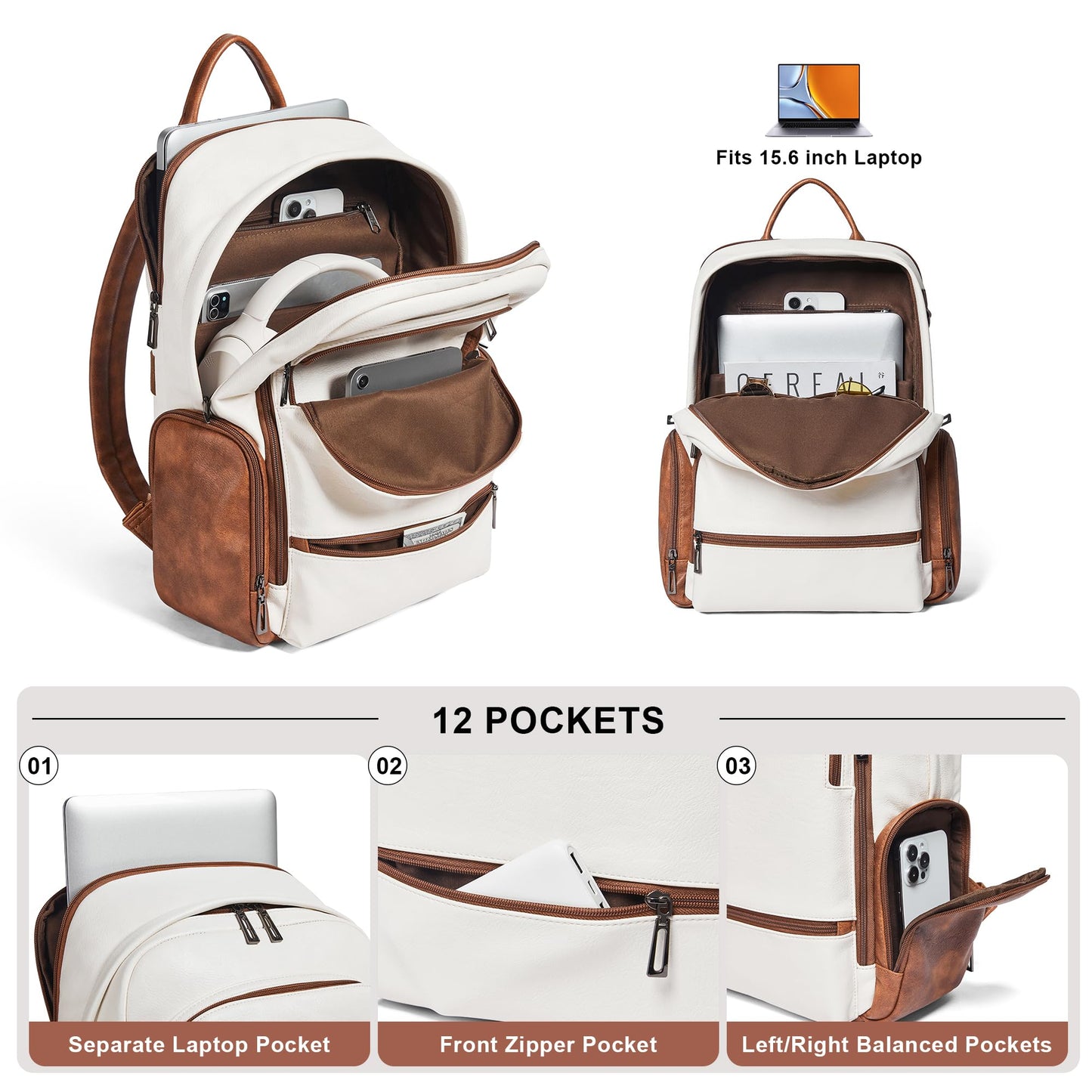 TIAMYI Computer Backpack for Women Soft Vegan Leather Back pack with 16.0 inch Laptop Compartment, Designer Ladies Travel Backpack, Beige