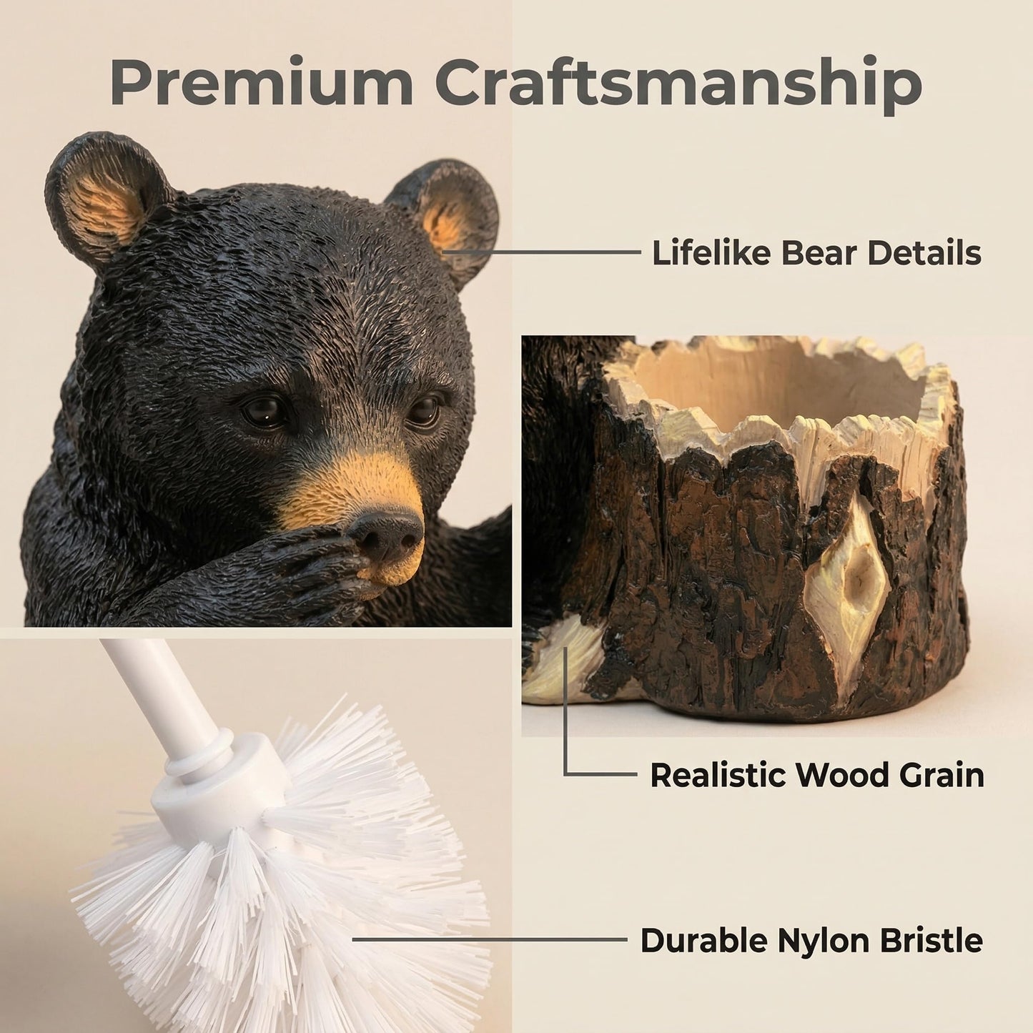 BGBWBFBR Whimsical Black Bear Toilet Brush Holder Set - Unique Cub Shape Decorative Bathroom Cleaning Kit for Cabin Owners, Bear-Themed Home Decor, Cozy Cabin Gifts