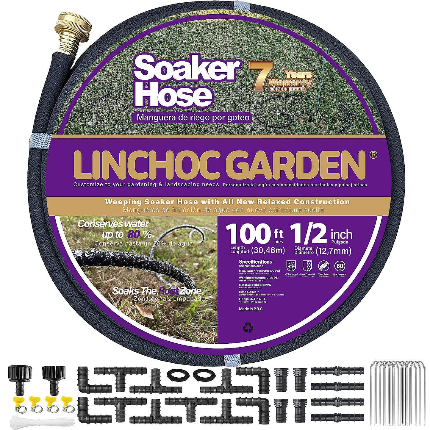 LICNCHOC Garden Soaker Hose, 1/2 Inch Flexible Durable Garden Hose for Efficient Watering, Leak-Proof Design 100% Recycled Rubber, Ideal for Lawns, Gardens & Flower Beds (100 FT)