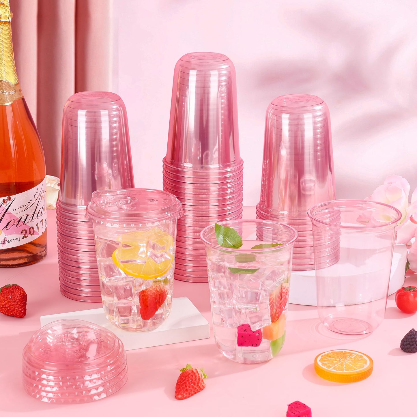 KesaPlan 50 Pack 16 oz Pink Plastic Cups with Sip Lids, Disposable Iced Coffee Cup with Strawless Lid, Round Bottom Stemless To Go Glasses for Cold Drinks Smoothie Milkshake Lemonade