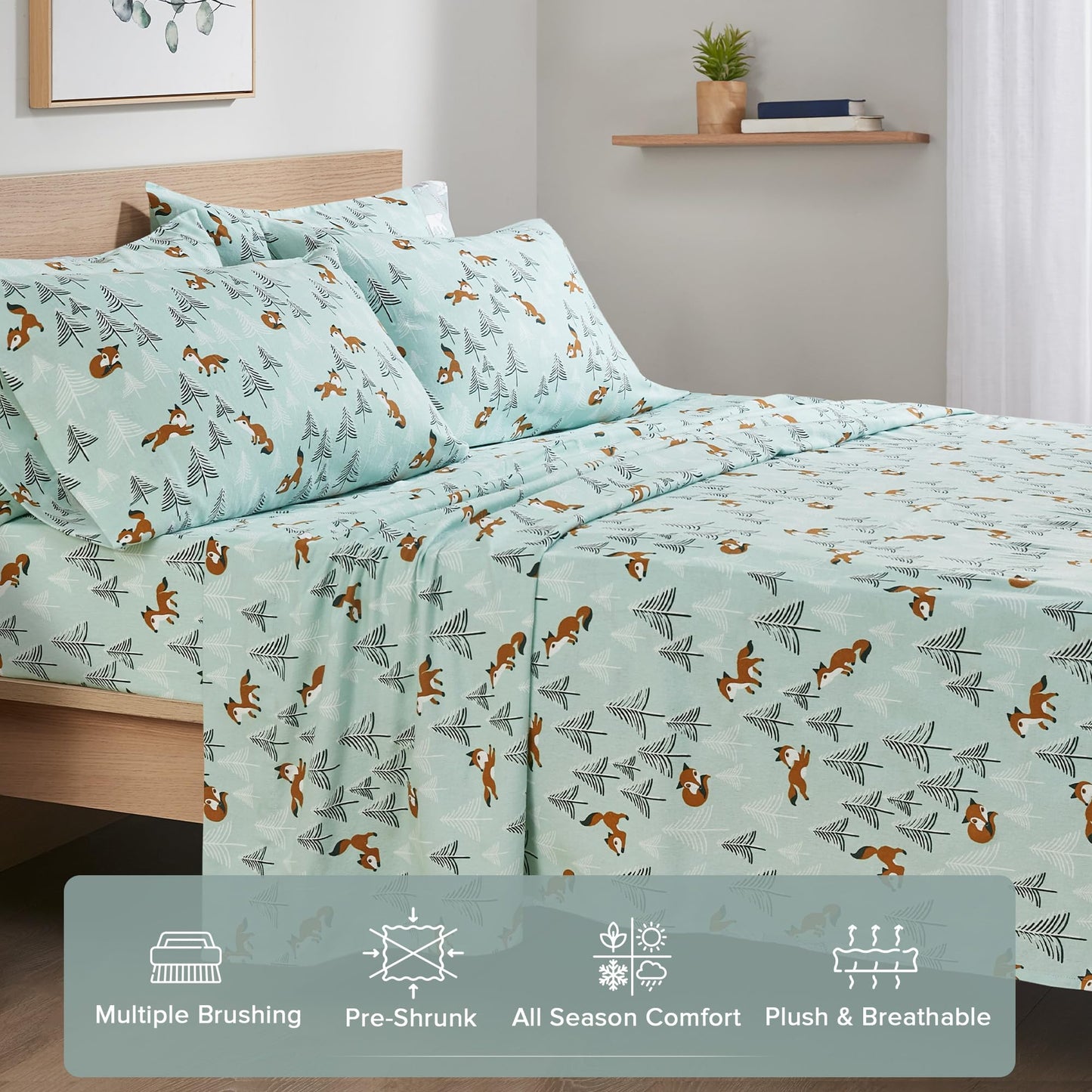 Comfort Spaces Cotton Flannel Breathable Warm Deep Pocket Sheets with Pillow Case Bedding, Twin, Seafoam Foxes 3 Piece