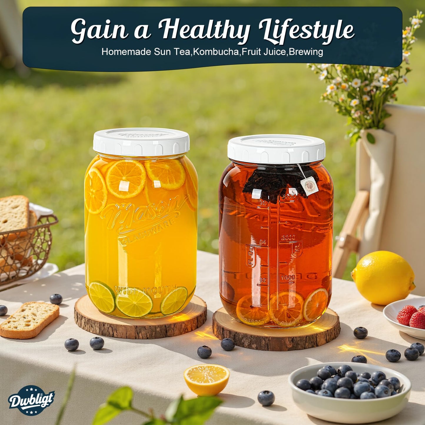 Dwbligt 2 Pack Wide Mouth Mason Jars with Airtight Lid and Silicone Ring - 1 Gallon Large Glass Containers for Food Storage like Flour Sugar, Sun Tea, Kombucha, Refrigerator Safe Fermentation Jar