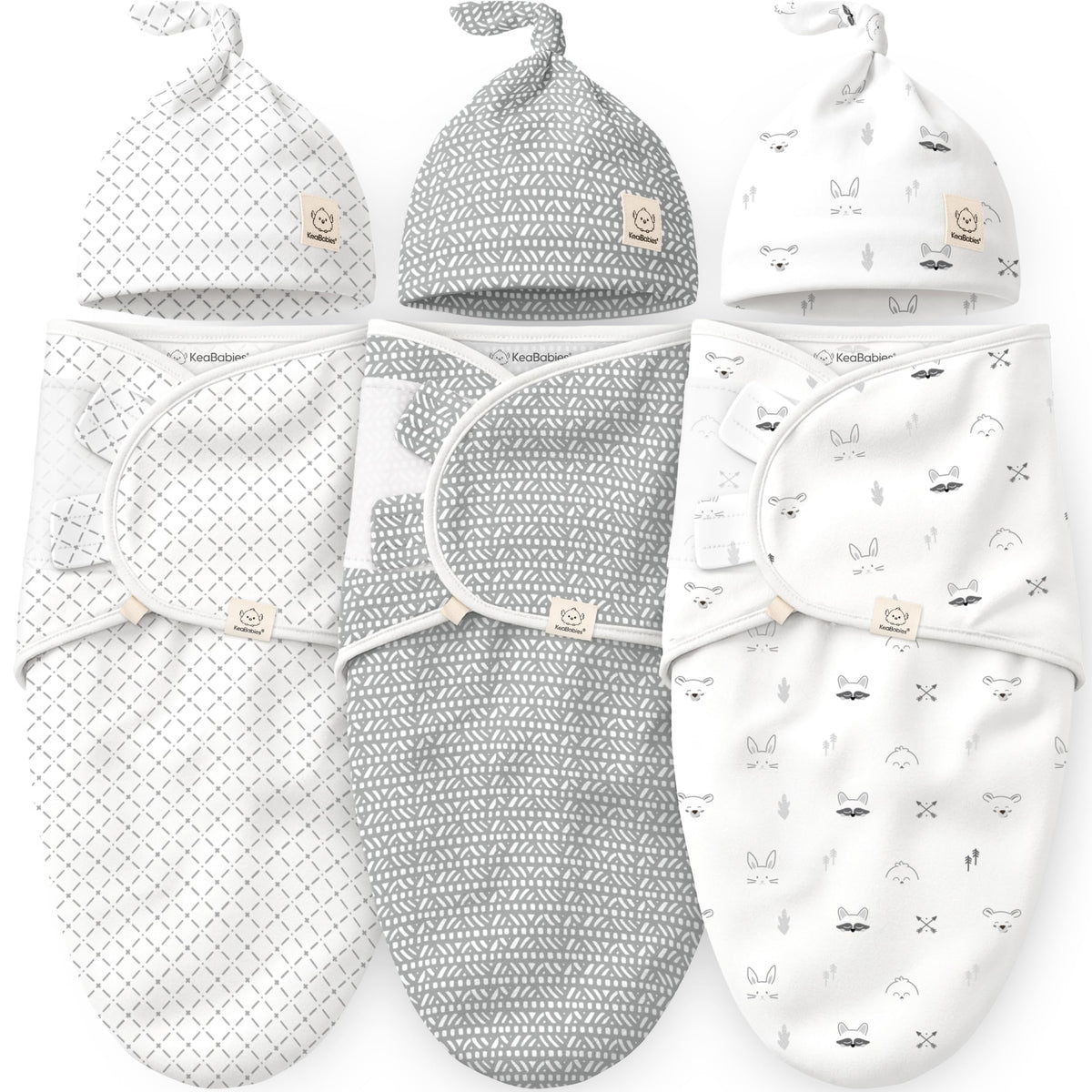 KeaBabies 3-Pack Swaddles for Newborns, Girls, Boys with Hats - Organic Soft Baby Sleep Sacks, Breathable Baby Swaddle 3-6 Months Beanies Set, Premie Infant Sleep Sack 0-3 Months (Nordic)