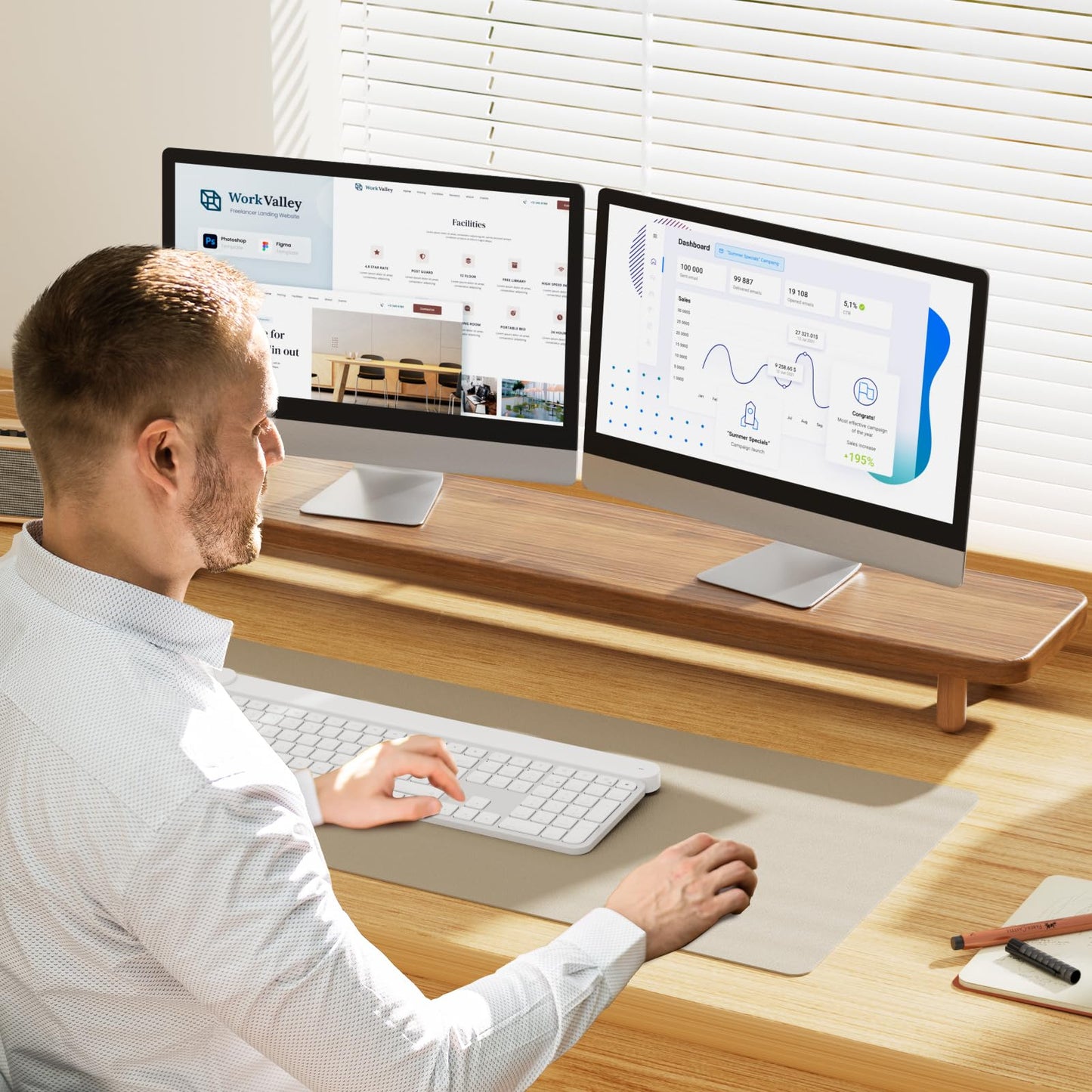 NestNeat Dual Monitor Stand - 100cm Large Wood Monitor Stand Riser, Holds 100kgs Ultra Strong Support for 2 Monitor/Laptop Computer/TV/PC/Printers，Desk Organizer for Gamming Room&Office，Extension Monitor Stand Riser
