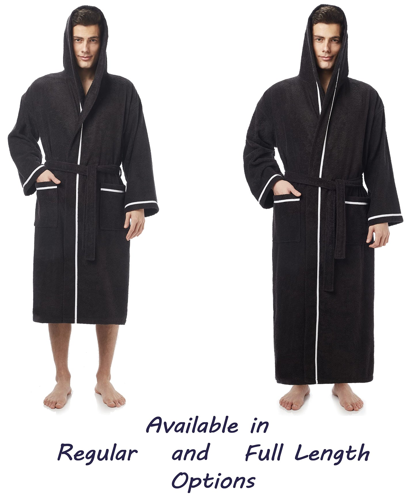 Arus Men's Hooded Classic Bathrobe Turkish Cotton Robe with Full Length Options, Black With White Border, XX-Large Extra Tall