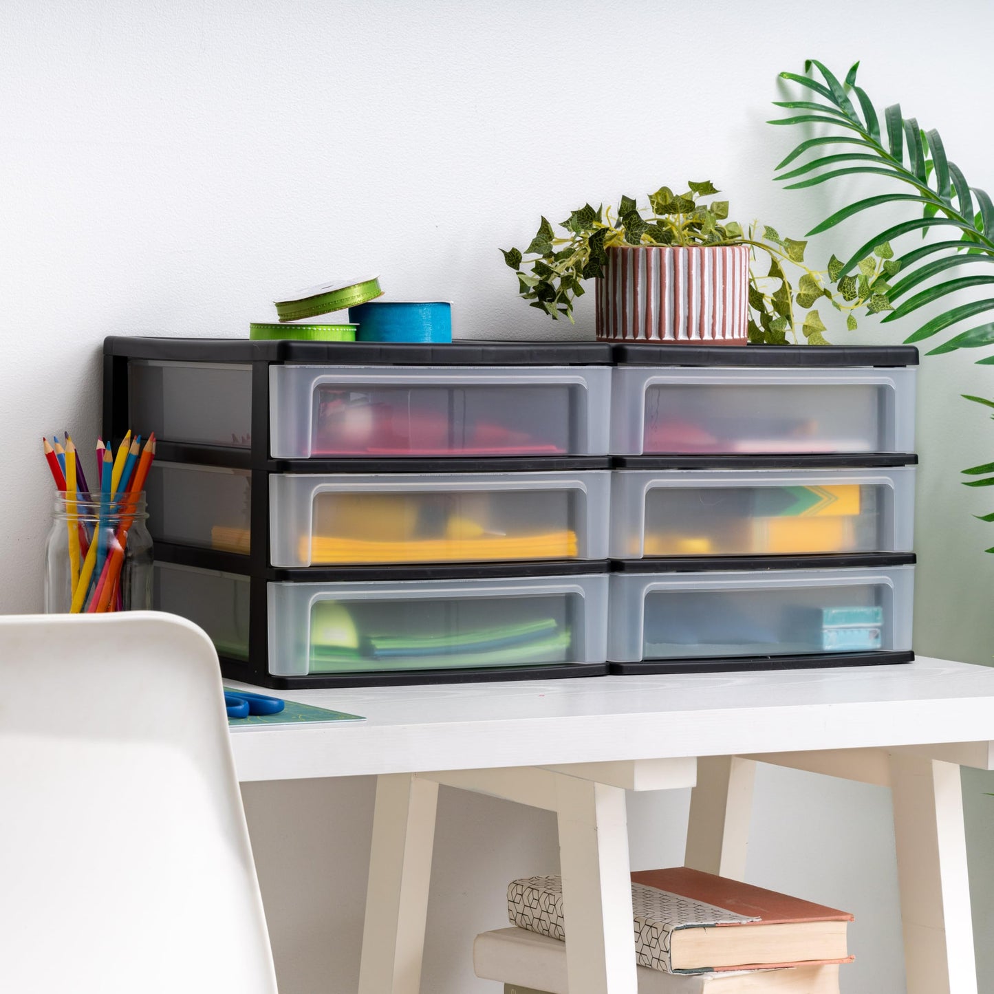 IRIS USA Medium 3-Drawer Stacking Desktop Organizer, 2 Pack, Plastic Drawer Storage Container for Stationery Art Craft Supplies Kitchen Office Garage and Small Business Organization, Black